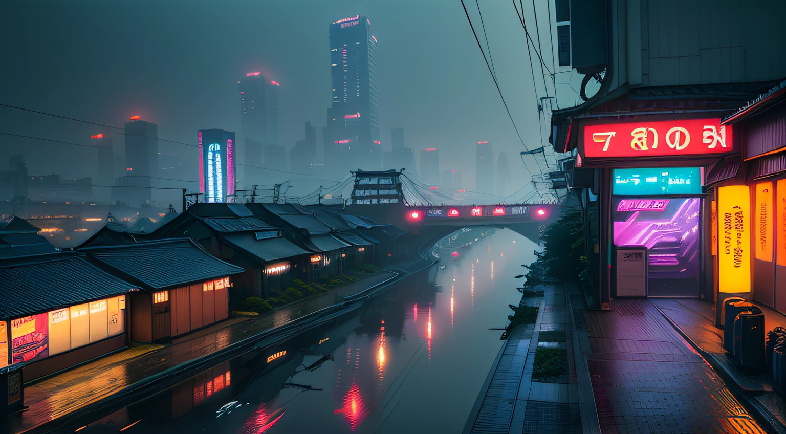 ((masterpiece)),((best quality)),((high detial)),((realistic,)) Bridges, rainy Night, Neon, japan architecture flying transports, futuristic tram , Neo Tokyo futurisctic city future, cyberpunk 2077, neon fog, traditional architecture, blade runner 2049
