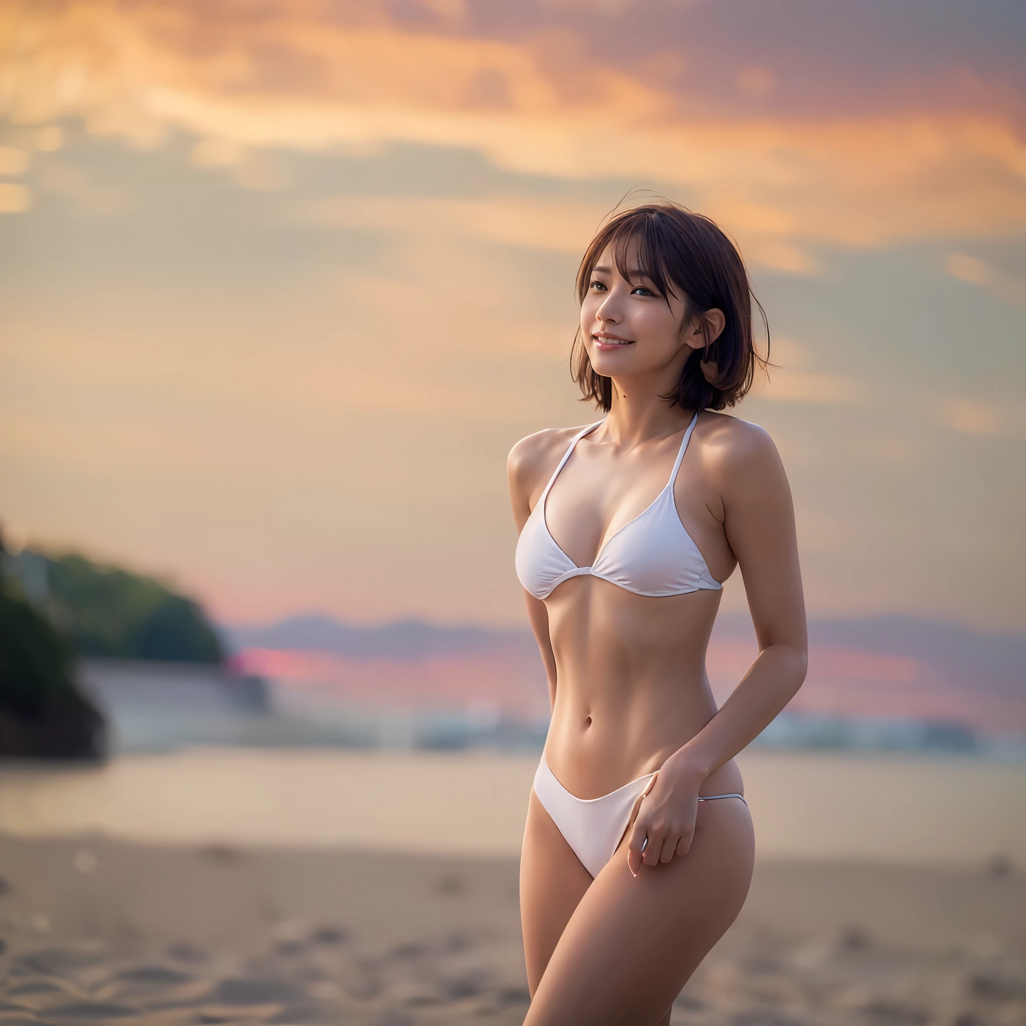 (((A trendy actress in a certain Japan)))、(((A small bikini that seems to stick out)))、(((One of the beautiful actresses of the Japan)))、(((Sunset beach in the background、Actress posing sexily))),(((Perfect body with slender macho and big buttocks)))、(((Wearing only a perfect white thin top and bottom Brazilian bikini))), (((Hasselblad、Lens 125mm、aperture 1.0)))、Beautiful bokeh sunset、Top image quality, top-quality, perfect anatomia, hight resolution, ultra-detailliert, 8k wallpaper, Textured, the detail, Unique, nffsw, extremely details CG, , 1 Actress, 独奏, full body Esbian, (((Walking))), Short Bob Hairstyles, Smooth brown hair fluttering in the wind, Beautiful brown eyes, adult lady,Gazing at the Sunset, The smile is also beautiful, The mole below the corner of the left eye is sexy, (Beautiful fece,Large_C cup milk:1.4), (Beautiful_Face:1.5),(Twist the waist),