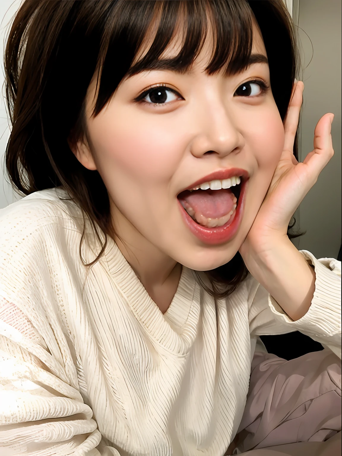 There is a girl who opens her big mouth and sticks out her long tongue,  [ Digital Art ]!!,  [ photos realistic ]!!