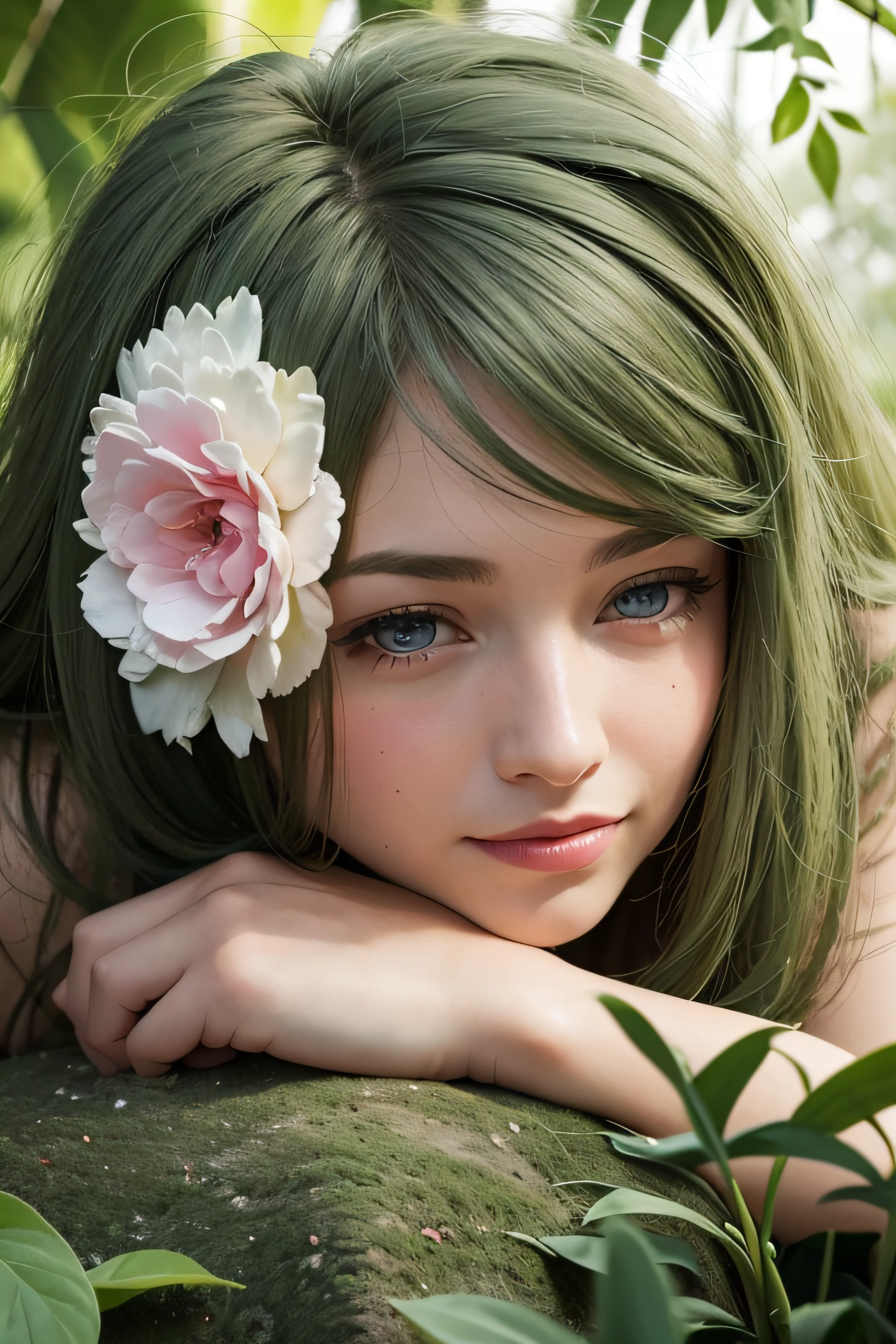 (8K), (Best Quality: 1.2), (Realistic), (Photorealistic: 1.37), Ultra Detailed, (Kissing), One Girl, Cute, Smile, Long Hair, Green Plants, Beautiful Eyes in Detail, Beautiful Nose, Full Body, Big, Darcefo, Pig's Nest, Women, White Hair