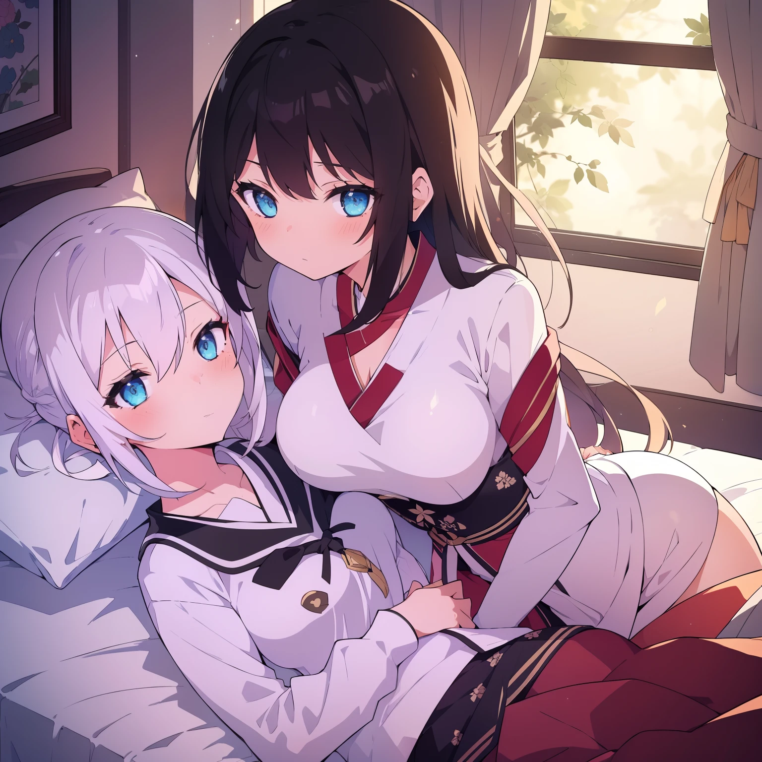 2 people)(((Best quality))),(((Ultra detailed))),(((Masterpiece))),illustration, twogirls,White hair, Black hair,Blushing, Hanfu, in a bedroom"