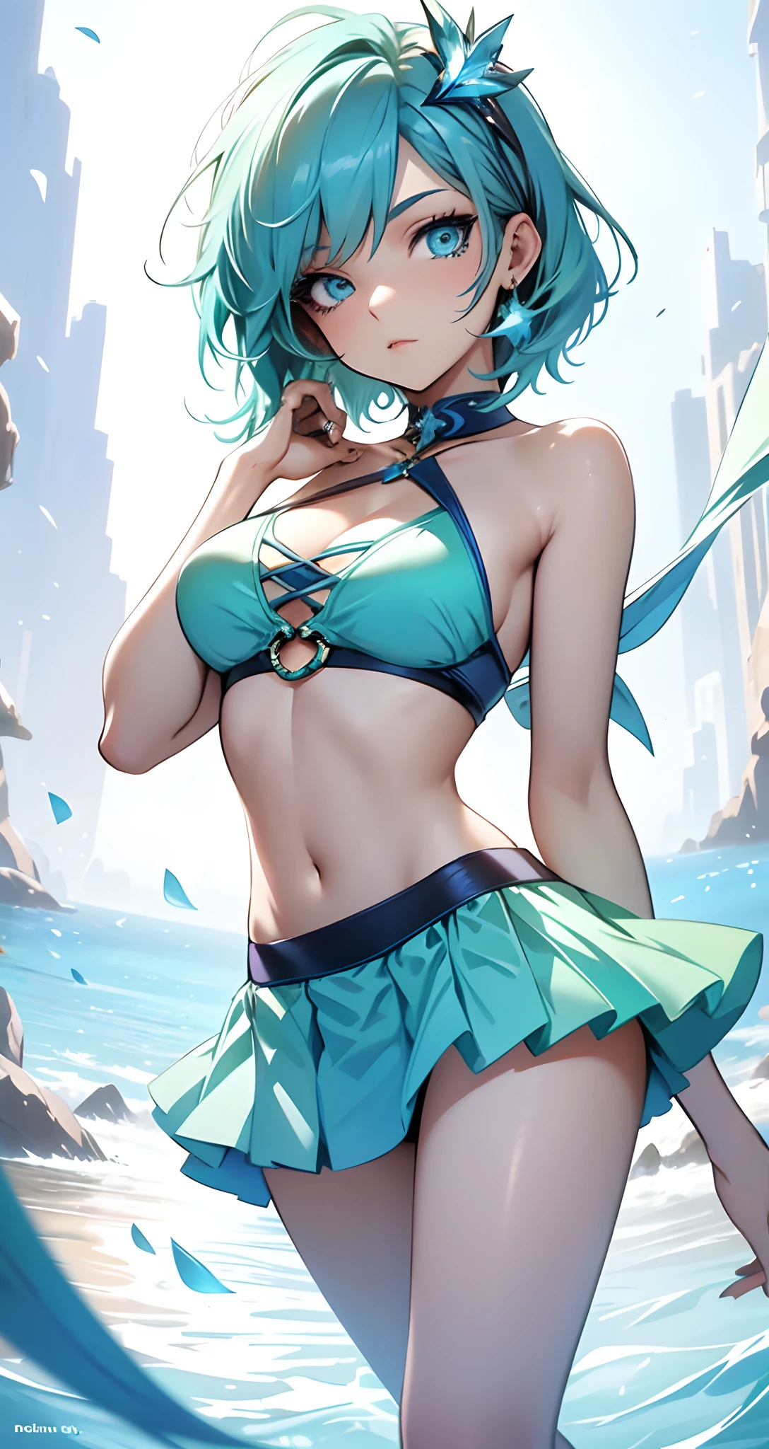 best qualityer，tmasterpiece，Ultimate resolution，downy，Extremely colorful，Colorful，waters，Sexy beauty，Short blue-green hair，closeup of face，blue bikini，huge tit，Crop topping，short  skirt，Bare legged，Barefoot，Blue manicure，Normal posture