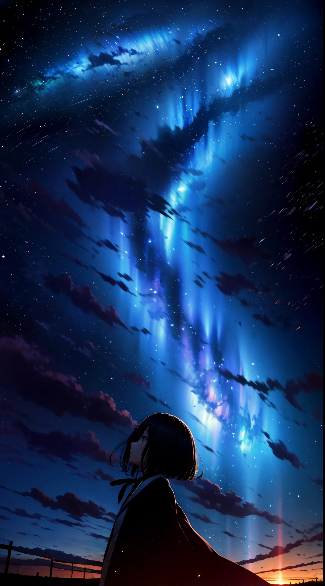 （（best qualtiy））， （（tmasterpiece））， （（Long-range shots））， A strange woman，Look at the sky，the night，The Milky Way is in the sky，