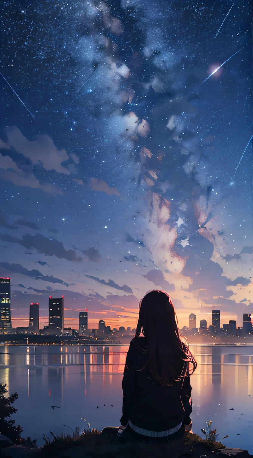 octans, sky, star (sky), scenery, starry sky, night, 1girl, night sky, solo, outdoors, building, cloud, milky way, sitting, tree, long hair, city, silhouette, cityscape