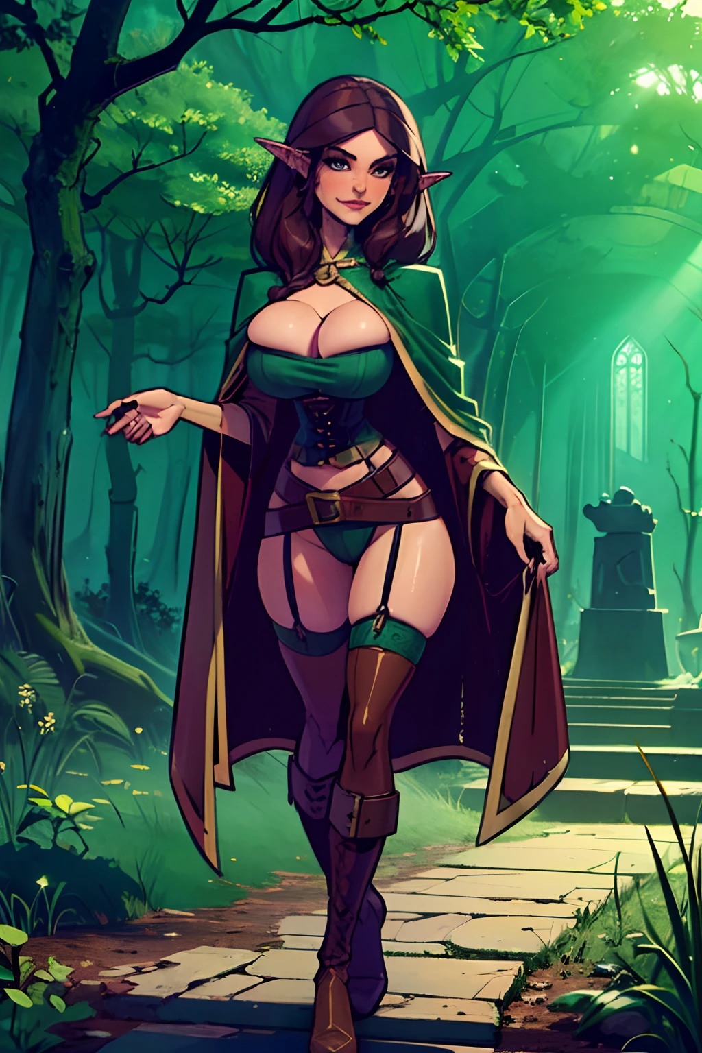 (masterpiece, top quality, best quality, official art, beautiful and aesthetic:1.2), (1girl:1.3), dark brown hair in a single braid, extremely detailed, portrait, looking at viewer, solo, (full body:0.6), detailed background, close up, cat eyes, (warm summer forest theme:1.1), elf ranger, charlatan, smirk, mysterious, walking in forest, revealing ranger attire, brown leather, cowl, cloak, corset, long boots, buckles, straps, pouches, bow and arrow, green fabric, brown leather, gigantic breasts, slim waist, slim hips, long legs, medieval (forest exterior:1.1) background, dark mysterious lighting, shadows, magical atmosphere, dutch angle, (((balsamique)))