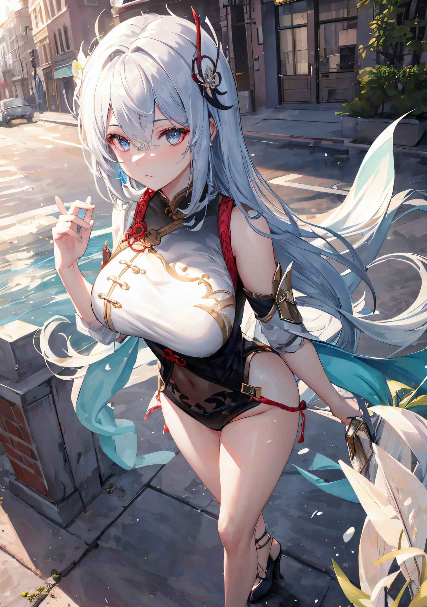 (Masterpiece, Best quality, Ultra-detailed, A high resolution), Perfect face, side-lighting, Glossy glossy skin, standing,
(full bloom), (Shine), lighting, Ray tracing, Sci-fi, City, street, Outdoor, Depth_af_Field,
shenhe \(Genshin Impact\), Silver eyes , hair on one eye, (hair adornments) , breast curtains, High heels, Long hair, whirlwind of water