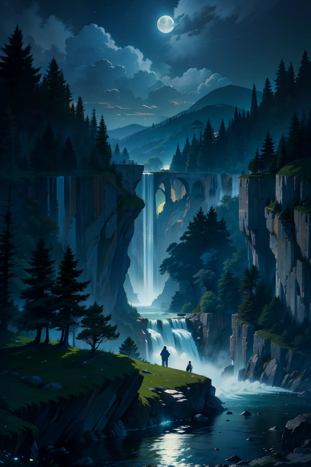 The moon is full of light,Stars shine,Ancient trees on high mountains,The small loft snuggles up the top of the mountain and sits next to the cliff,The Great Falls cascade down,The great river flows calmly into the distance,The banks are full of green grass and trees