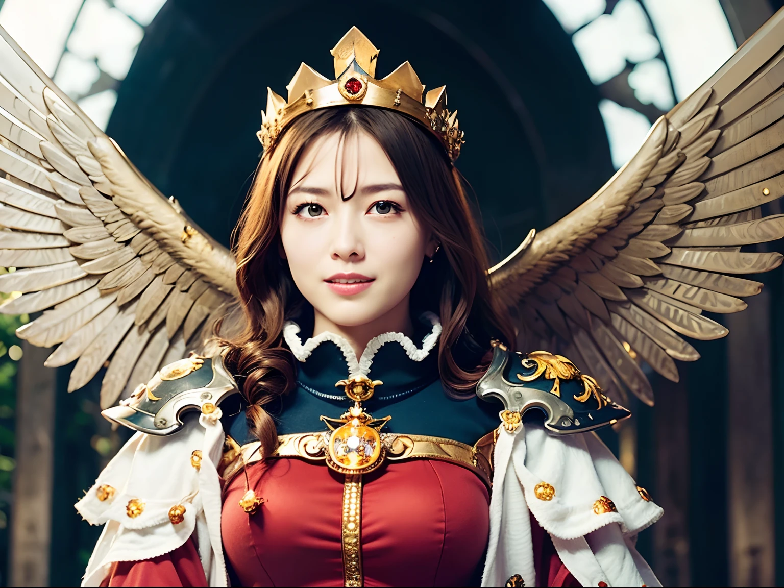 (masutepiece), Professional , masterpiece、top-quality、photos realistic , depth of fields (Gemstone Silver Metal Body:1.9),(Matte White、Jewel Gold Weapon、(Flying in the sky),Gorgeous metal weapons,(Detailed and realistic angel white wings) , Detailed Sword of the Brave , Beautiful knife 、delicated face、20 years girl ,warhammer 40k , adepta sororitas,Detail and ornate jewel crown、a blond、(Gangle's forest background)、Beautiful Caucasian beauty、1a person、dynamic ungle,(((Detailed and ornate diamond crown)))、Smaller head、A smile、Powerful poses、(Gorgeous castle background)、Beautiful thin fingers of a woman、、