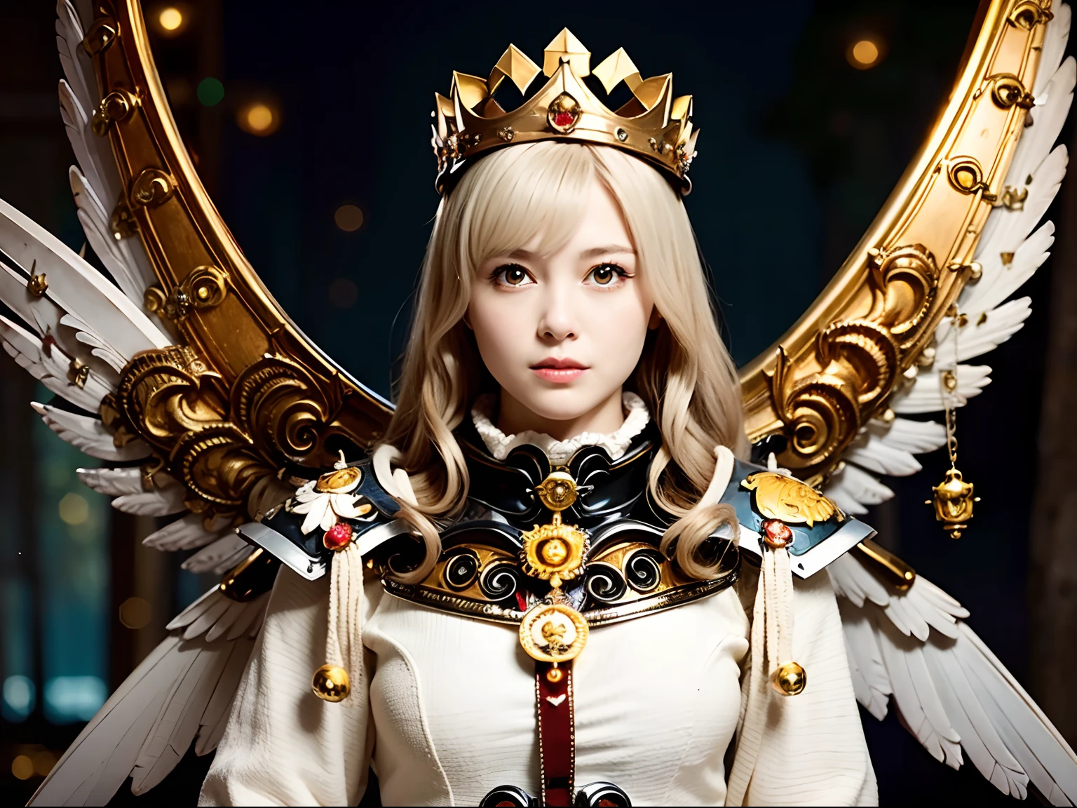 (masutepiece), Professional , masterpiece、top-quality、photos realistic , depth of fields (Gemstone Silver Metal Body:1.9),(Matte White、Jewel Gold Weapon、(Flying in the sky),Gorgeous metal weapons,(Detailed and realistic angel white wings) , Detailed Sword of the Brave , Beautiful knife 、delicated face、20 years girl ,warhammer 40k , adepta sororitas,Detail and ornate jewel crown、a blond、(Gangle's forest background)、Beautiful Caucasian beauty、1a person、dynamic ungle,(((Detailed and ornate diamond crown)))、Smaller head、A smile、Powerful poses、(Gorgeous castle background)、Beautiful thin fingers of a woman、、