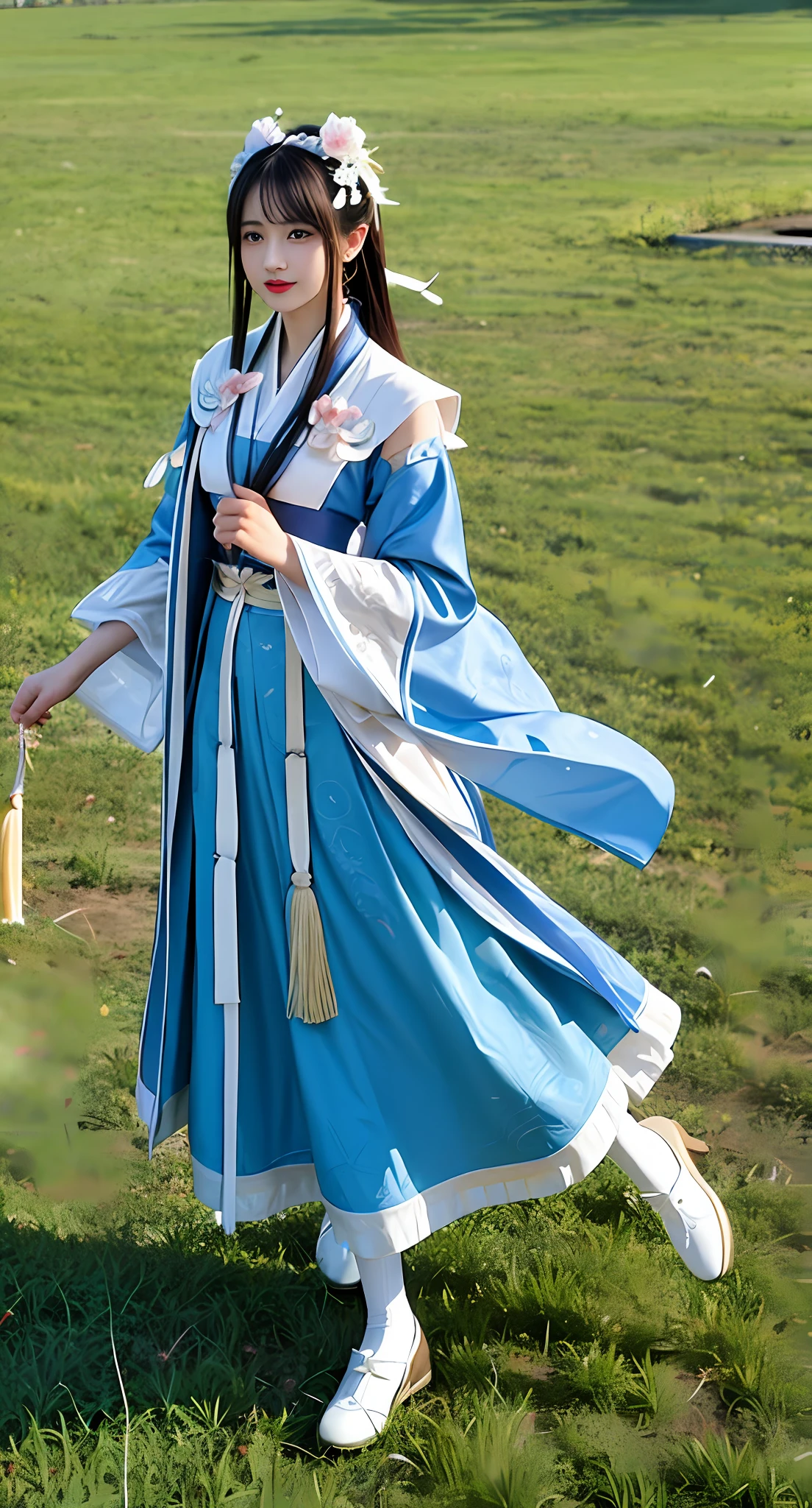 Araki in a blue and white dress stands on the grass, full-body xianxia, Inspired by Lan Ying, Inspired by Qiu Ying, inspired by Du Qiong, inspired by Li Mei-shu, Inspired by Li Tang, inspired by Leng Mei, Palace ， A girl in Hanfu, Chinese costume, heise jinyao