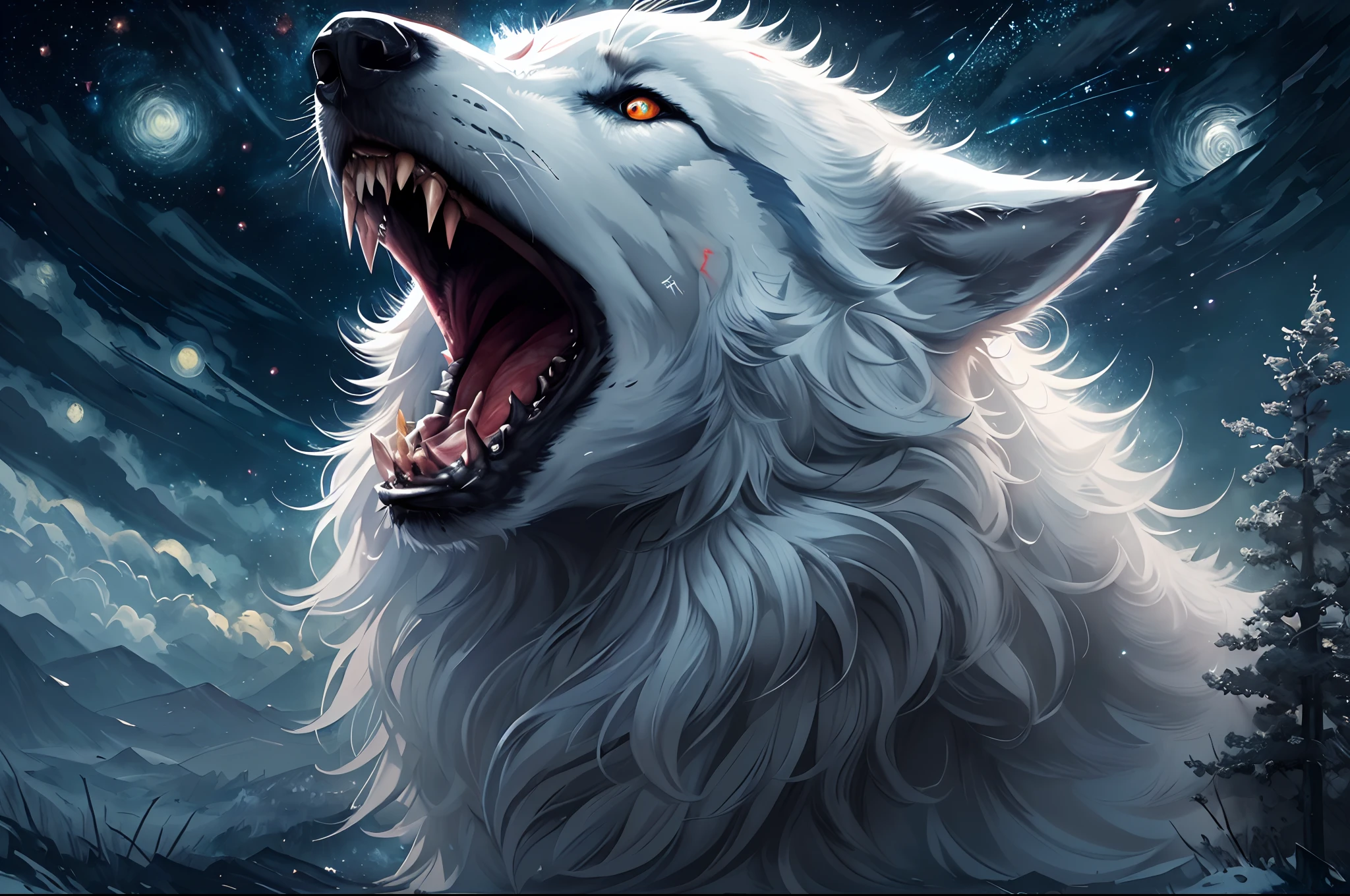 high details, best quality, 8k, [ultra detailed], masterpiece, best quality, gothic art, dark fantasy, (ultra detailed), full body, ultra wide shot, photorealism, an epic white wolf howling to the starry night sky, big epic white wolf , white fur (ultra detailed, Masterpiece, best quality), howling, red eyes  (ultra detailed, Masterpiece, best quality), night sky, starry night background (ultra detailed, Masterpiece, best quality,