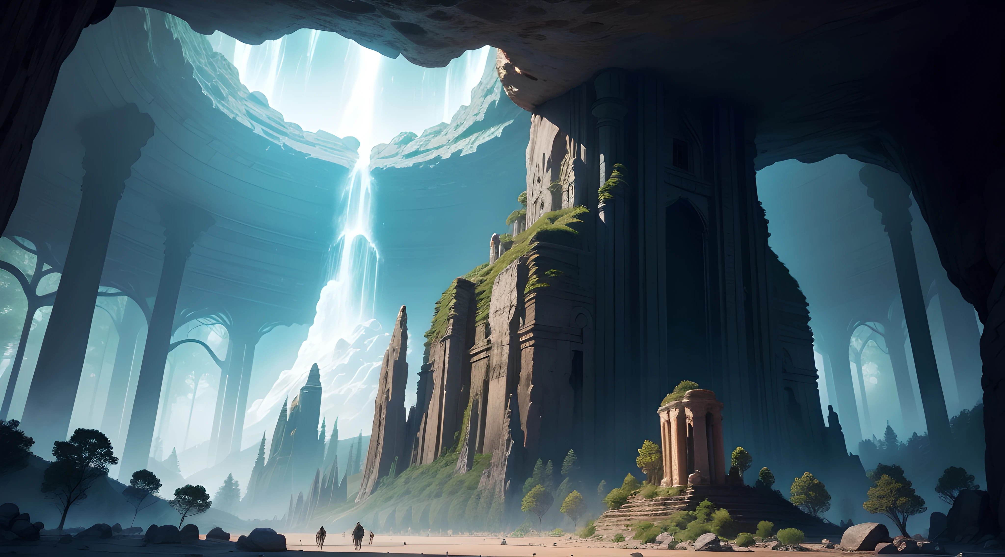 Gigantic Ancient Intricate Rock Structure. Holy. Clearing in the forest. Awe-inspiring. Giant planet in the sky.