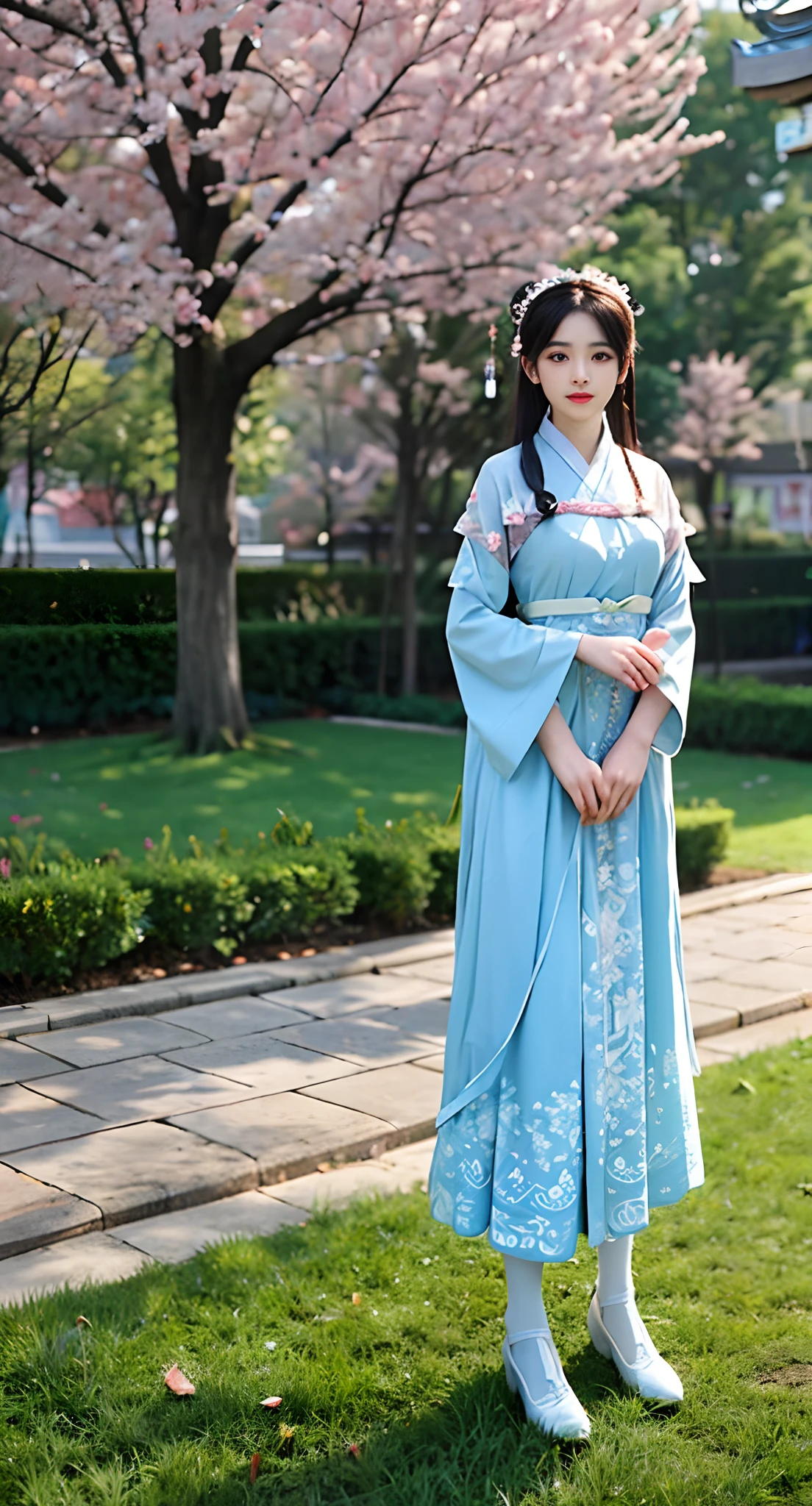 Araki in a blue and white dress stands on the grass, full-body xianxia, Inspired by Lan Ying, Inspired by Qiu Ying, inspired by Du Qiong, inspired by Li Mei-shu, Inspired by Li Tang, inspired by Leng Mei, Palace ， A girl in Hanfu, Chinese costume, heise jinyao