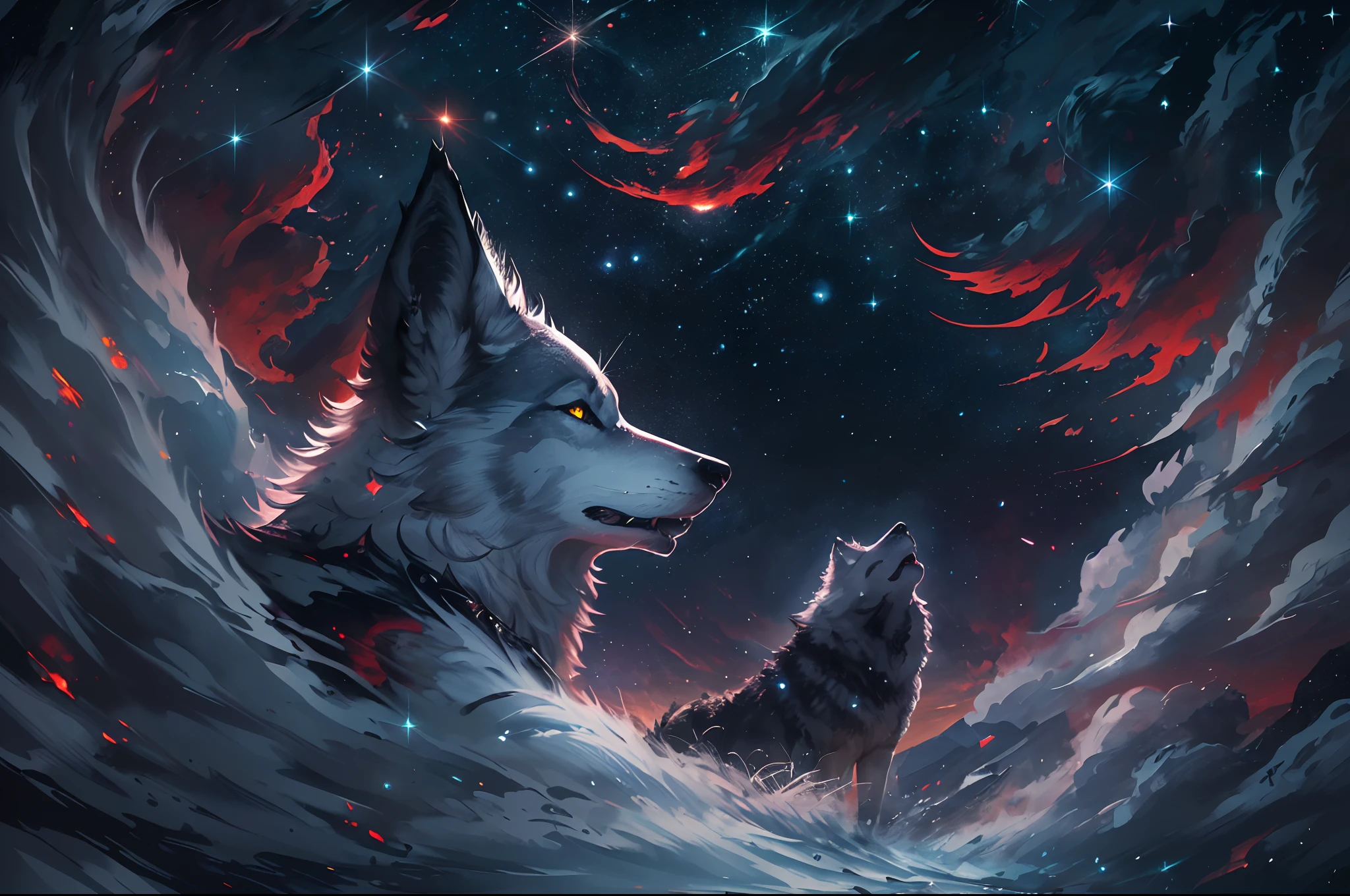 high details, best quality, 8k, [ultra detailed], masterpiece, best quality, gothic art, dark fantasy, (ultra detailed), full body, ultra wide shot, photorealism, an epic white wolf howling to the starry night sky, big epic white wolf , white fur (ultra detailed, Masterpiece, best quality), howling, red eyes  (ultra detailed, Masterpiece, best quality), night sky, starry night background (ultra detailed, Masterpiece, best quality,