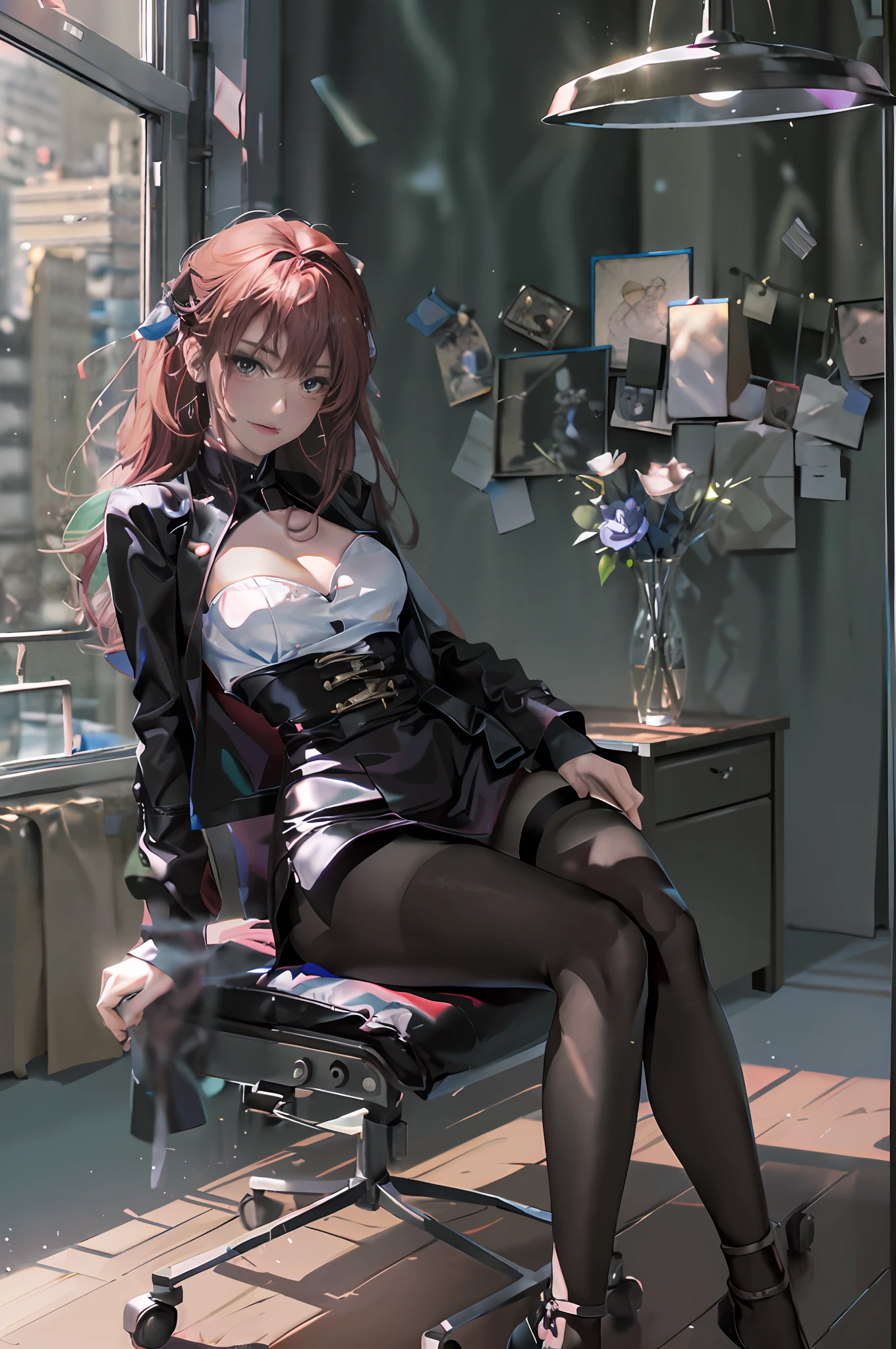 8k wallpaper，High picture quality，high high quality，The picture is delicate，Anime character Li Shiya，Pure lust beauty，blackstockings，JK，seductiv，beautifullegs，Shy，High value，Stretch your legs，sittinng on the desk，By the window，Highlight the characters，Prominent chest size，beauty breast，The right light and shadow for good looks，Romantic background，Two-dimensional high quality painting