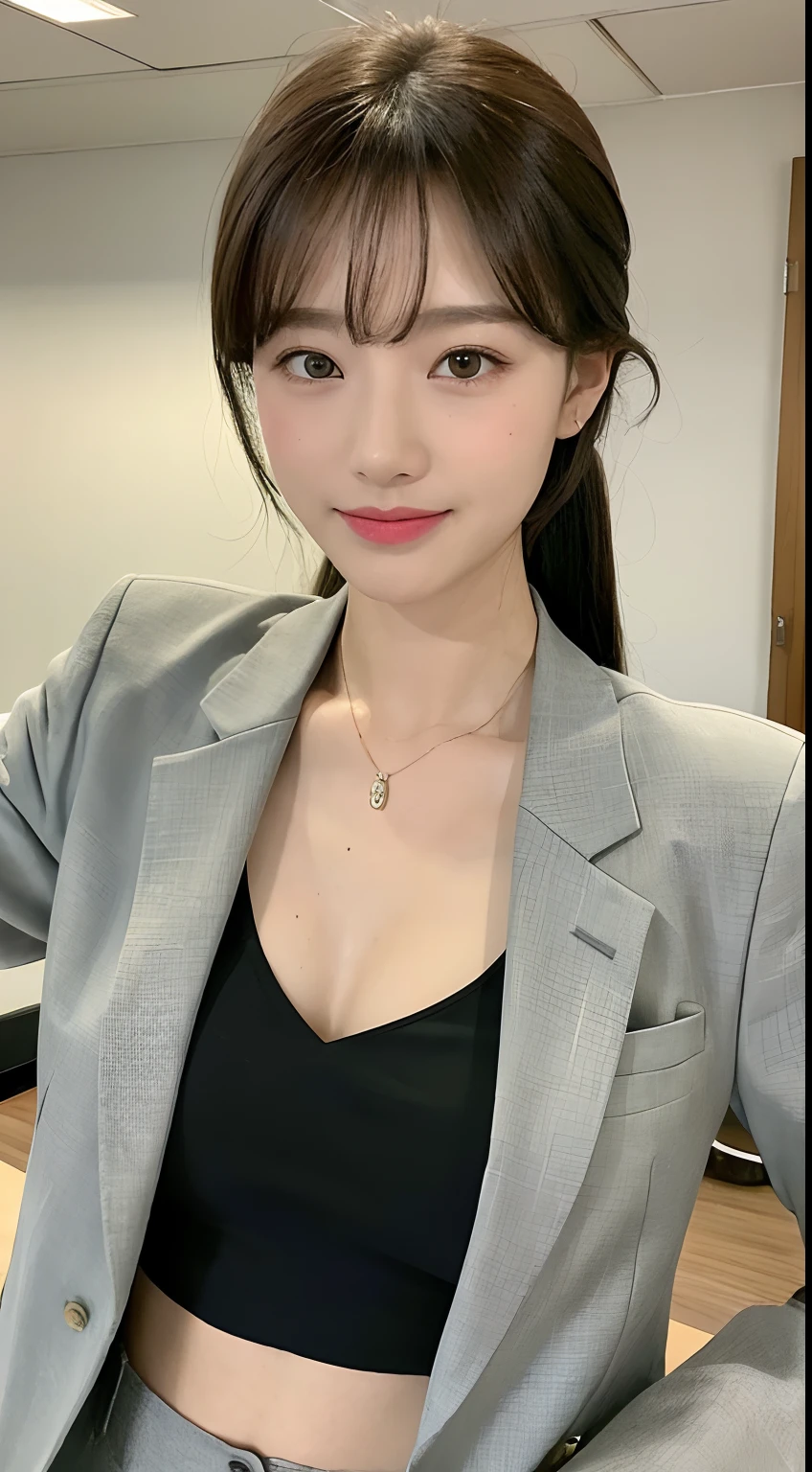randome pose、((top-quality、8K、masterpiece:1.3))、1girl in、Slim Abs Beauty:1.3、(Hairstyle Casual、Colossal tits:1.2)、doress:1.1、Super fine face、Delicat eyes、二重まぶた、A smile、(((wears a suit)))、(((ty)))、(((s Office)))、short-cut、The shirt