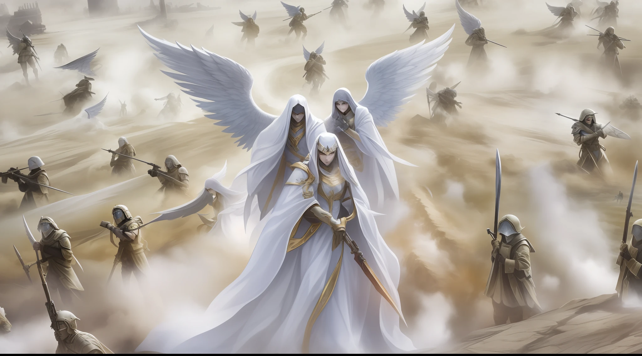 Making an image of the epic Bataha of a place called Armageddon., Apocalyptic Remarks, Depressive environment, Lots of dust and fog,Surreal images, Thousands of soldiers are in battle positions on the battlefield, dressed as sky angels, Thousands of soldiers ready to attack,, Many soldiers dressed in white with angels, The face of the perfect angel,Thousands of angels with the perfect face of an angel, The Perfect Angel, Fight with colorful ancestral weapons, Battle of Armageddon.
