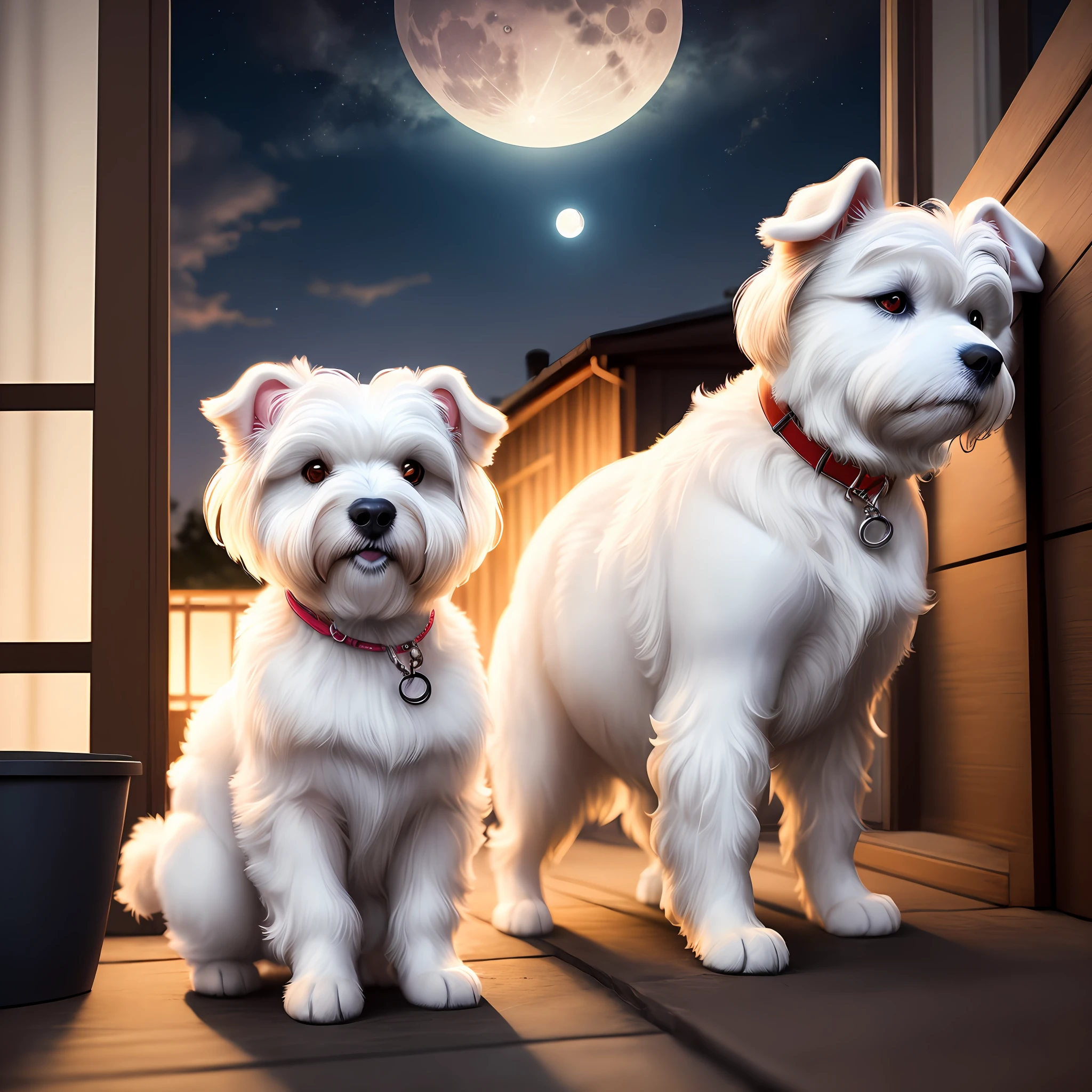 Realistic photo of white Maltese dog admiring the moon at night