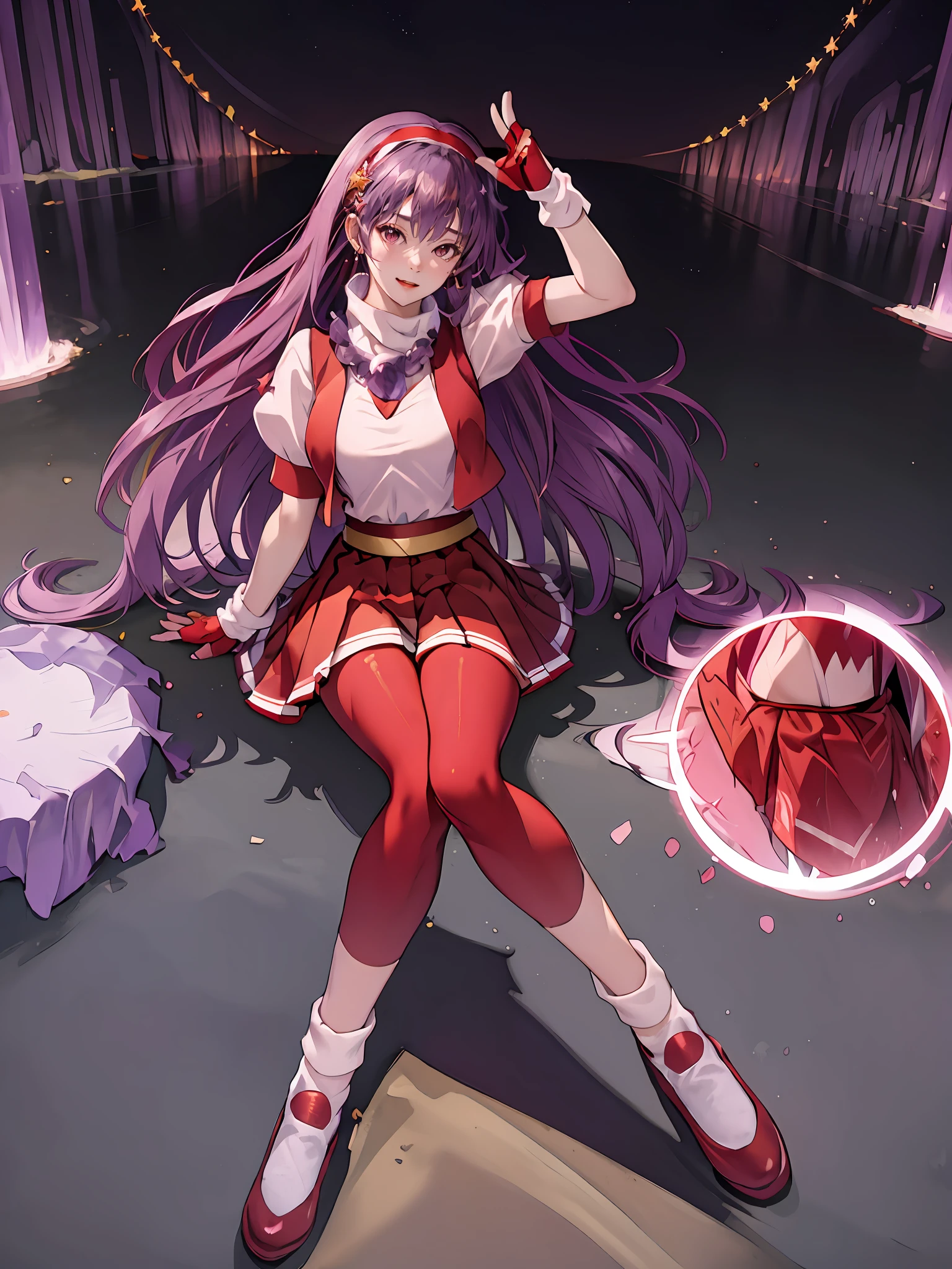 (masterpiece, top quality, best quality, official art, beautiful and aesthetic:1.2), (1girl:1.3), (fractal art:1.3), solo, athena97, red shoes,(white socks:1.3),red pantyhose, purple eyes, purple hair, long hair,red hairband, white turtleneck,white puffy sleeves,red pleated skirt,yellow belt,purple spherical necklace, red fingerless gloves,red open vest, star hair ornament, earrings, medium breasts, short sleeves,lying, crossed legs, outdoors,city background,closed mouth,