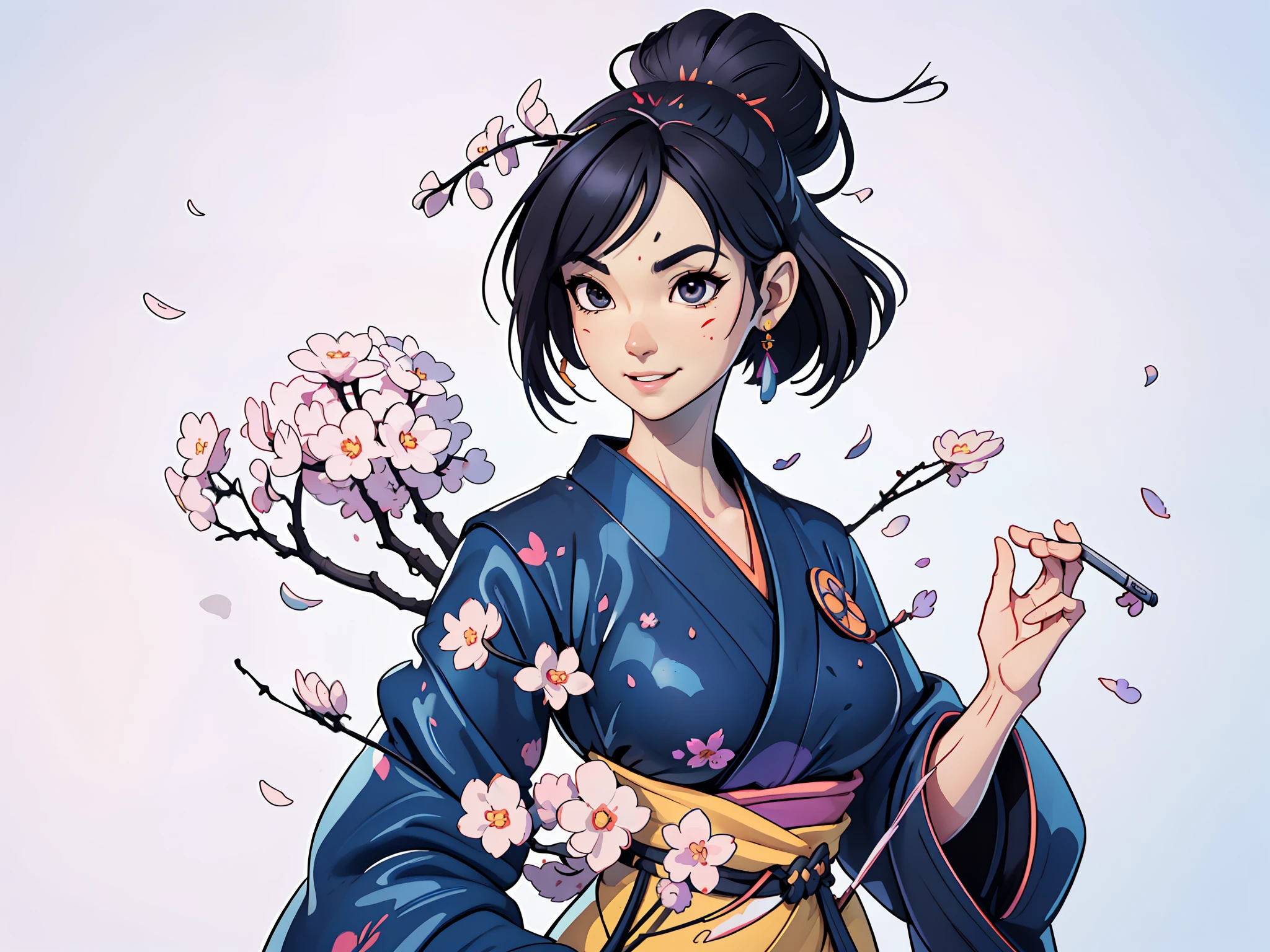 (Masterpiece), (Excellent), (Super Meticulous), (Full Body: 1.2), Super Beautiful Woman, Japanese Female in stunning kimono, (Mature face:1.4) Beautiful, Sakura leaves pattern, Sexy, Bursting, Oriental Face, TV Anchor, Bust Portrait Illustration, Alone, Black Suit, Blue Tie, Slightly Chubby Face, Very Clean Face, No Beard, Black Super Short Hair, Black Eyes, Confident Smile, 3c Computer Sub-Products, iPad, iPhone, Digital Painting, 3D Character Design by Mark Clairen and Pixar and Hayao Miyazaki and Akira Toriyama, The illustration is a high-definition illustration in 4K resolution with very detailed facial features and cartoon-style visuals.
