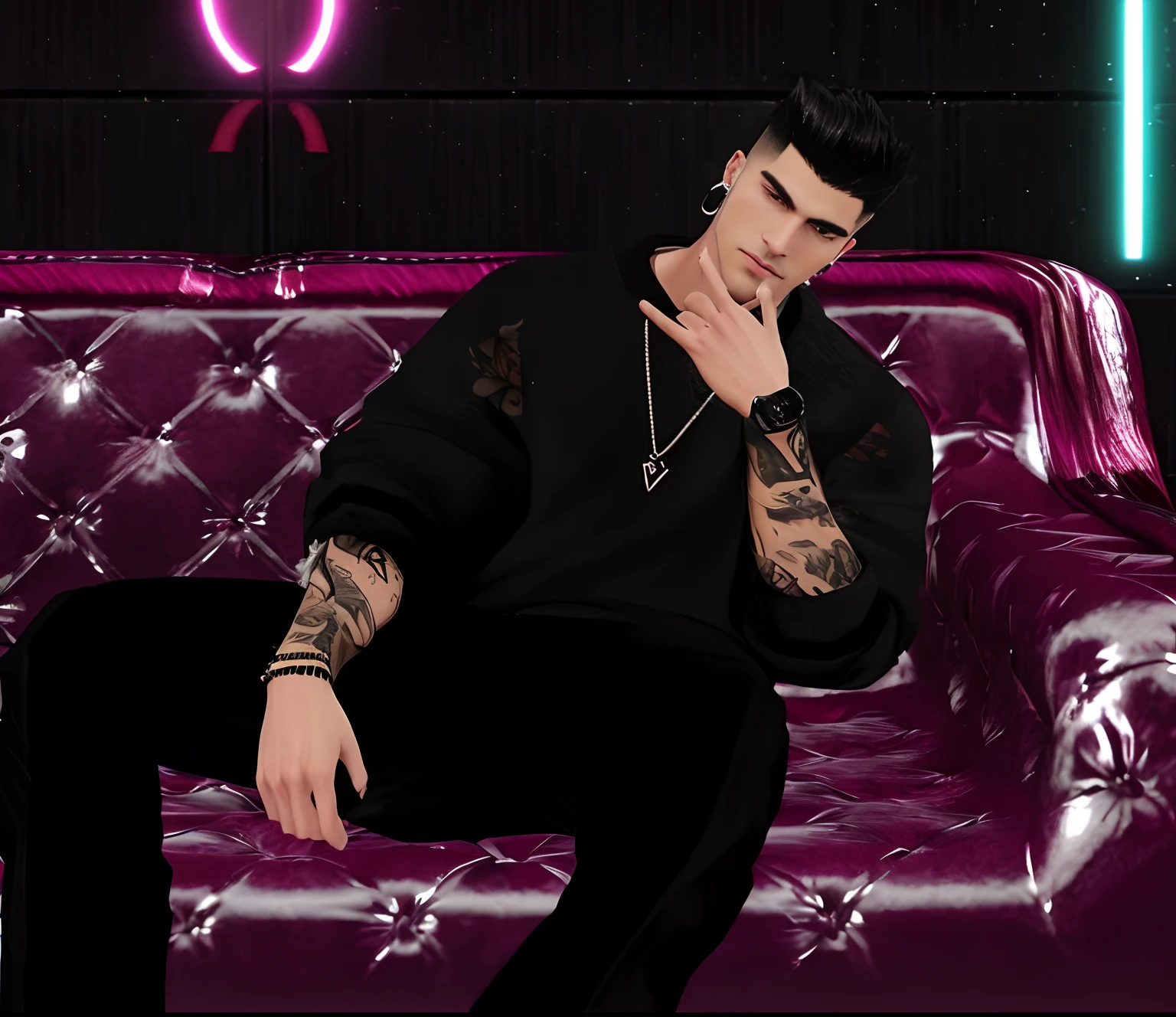 Man sitting on a couch with a tattoo on his arm, IMVU, inspirado em Aleksander Gine, elegante pose de glamour, inspirado em Ludovit Fulla, inspirado em Dom Qwek, inspired by Kristian Kreković, Avatar do Second Life, cena detalhada, Christian, pose de glamour, estilo sensual sombrio