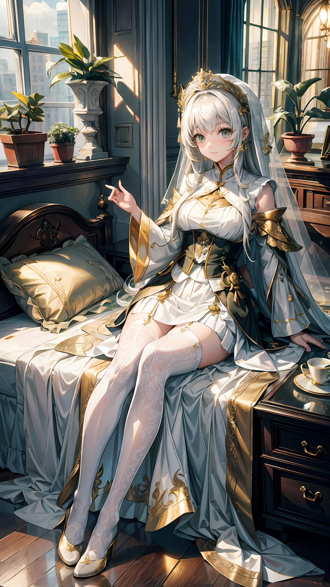(8K,best qualtiy,tmasterpiece:1.2),(realisticlying,realisticlying:1.2),ultra - detailed,best qualtiy,超高分辨率,profesional lighting,photon maping,physically-based renderingt,the maid outfit,Wallpapers,Ray traching,(janelas:1.8),rays of sunshine:2.0,(There is a gold pattern on the skirt),whaite hair,(white stockings:1.2),There are potted plants under the window,((Ultra-transparent texture of stockings)),beast ear,a white long skirt,There is a little white cat,long hair flowing,There was a lamp by the bed,Big windows,Clothes with green and gold patterns,(golden headdress),(huge tit),(((Superskirt))),(((white wedding gown))),Advanced rendering,Bigger windows,white wedding gown,,(Luxurious clothes),(White miniskirt),The skirt has gold stripes