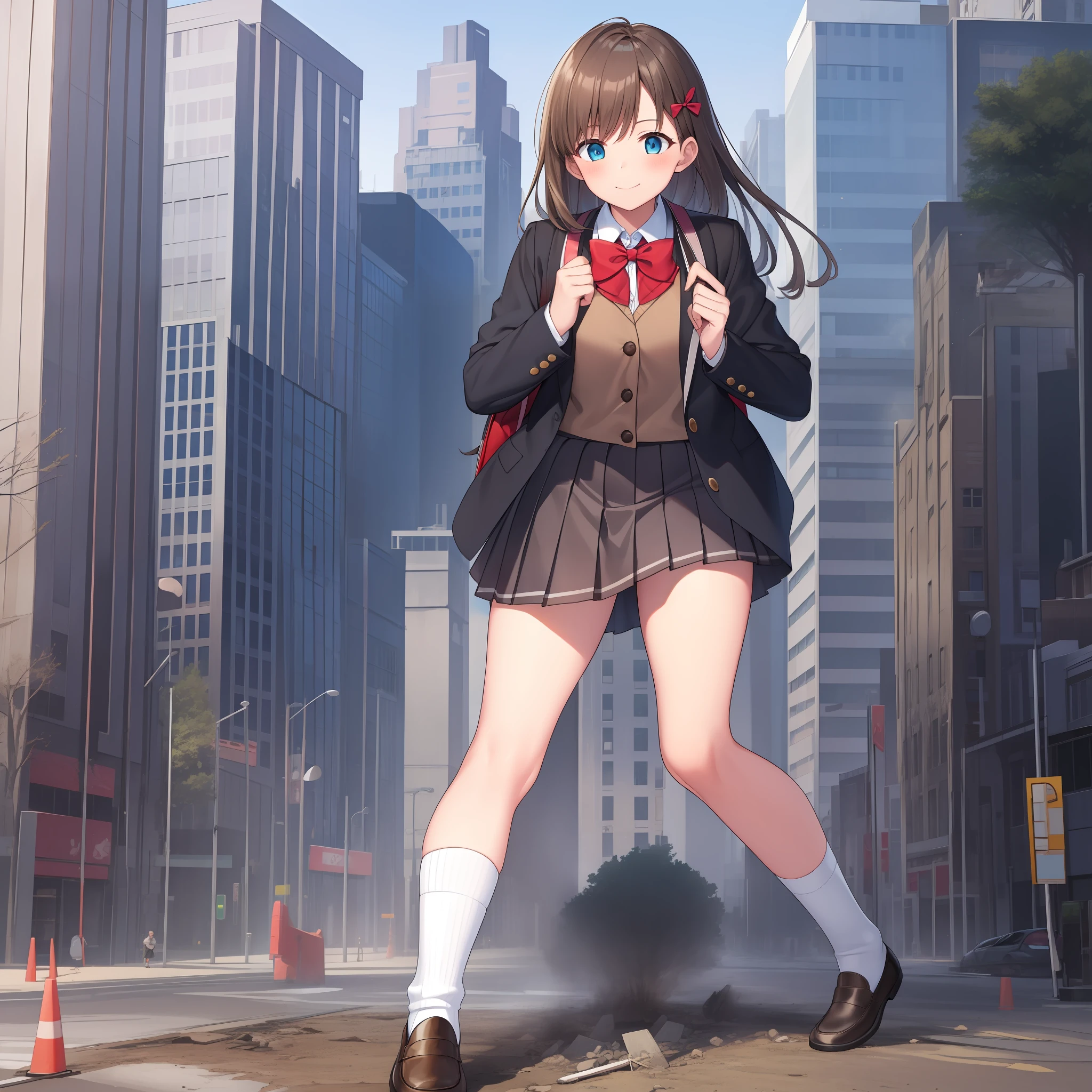 1girl, Two legs, Two hands, Bigger than the building, Masterpiece, Best quality, 1girl, Solo, Skirt, Outdoors, Jacket, Socks, shoes, school uniform, Loafer shoes, Blazer, Brown hair, Black socks, Long sleeves, bangs, Open clothes, Open jacket, bow, Blue eyes, Pleated skirt, neck bowtie, day, Long hair, full body, Bush, Red bow, shirt, Closed mouth, sleeves past wrists, Backpack, red bowtie, Black jacket, bookbag, Blush, Brown skirt, Looks to the ground, Collared shirt, Light smile, Naughty, Anatomically correct, Textured skin, GTSCity, Destroyed buildings, City model,