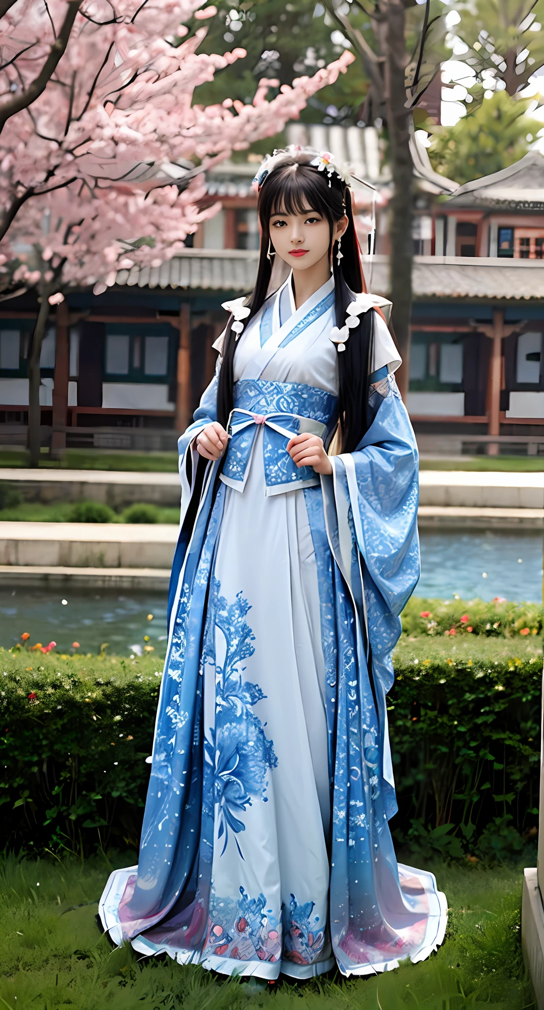 Araki in a blue and white dress stands on the grass, full-body xianxia, Inspired by Lan Ying, Inspired by Qiu Ying, inspired by Du Qiong, inspired by Li Mei-shu, Inspired by Li Tang, inspired by Leng Mei, Palace ， A girl in Hanfu, Chinese costume, heise jinyao