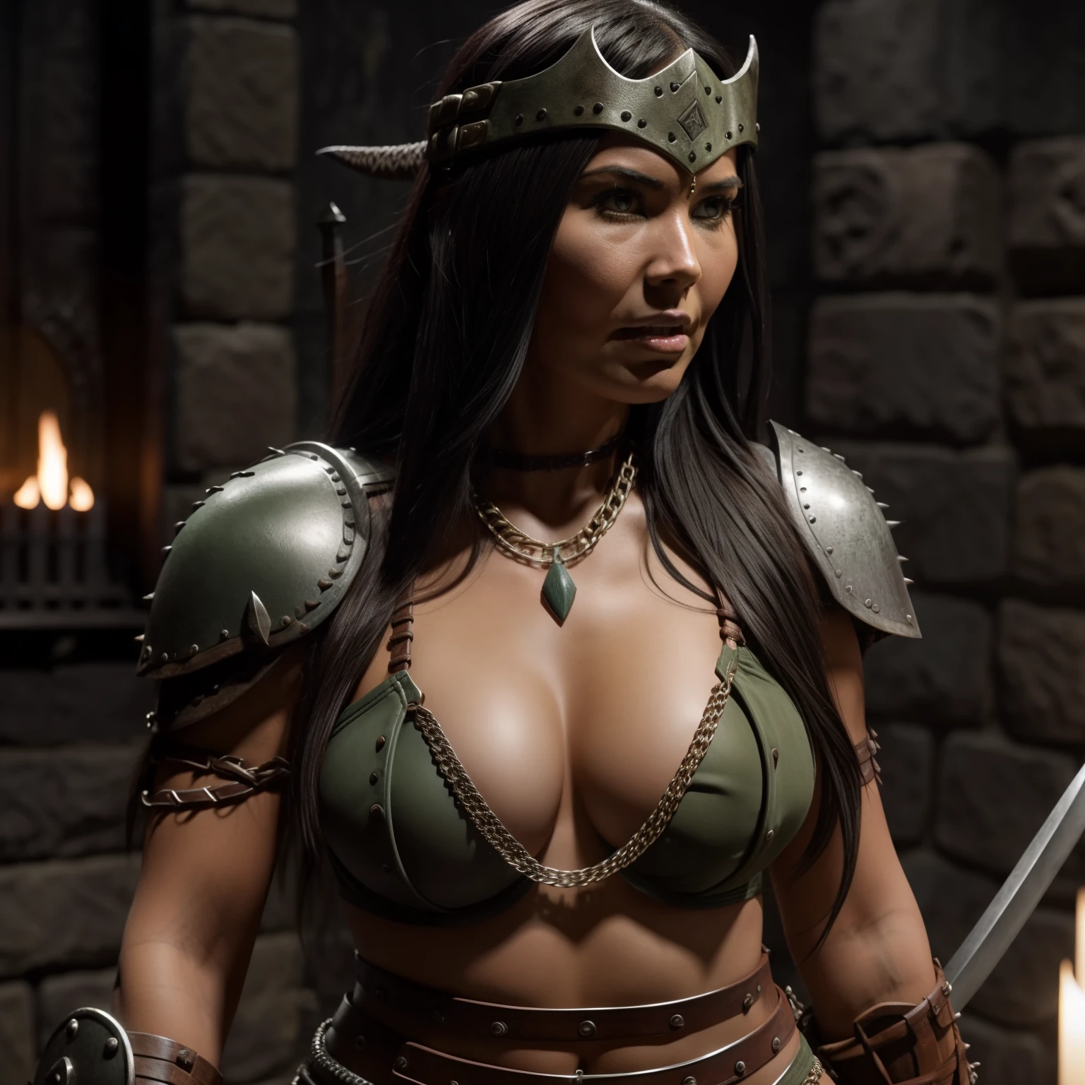 Detailed picture of Olivia Munn dressed as a barbarian orc, dungeons and dragons, fully clothed, bra, chain mail, dark green skin, sword