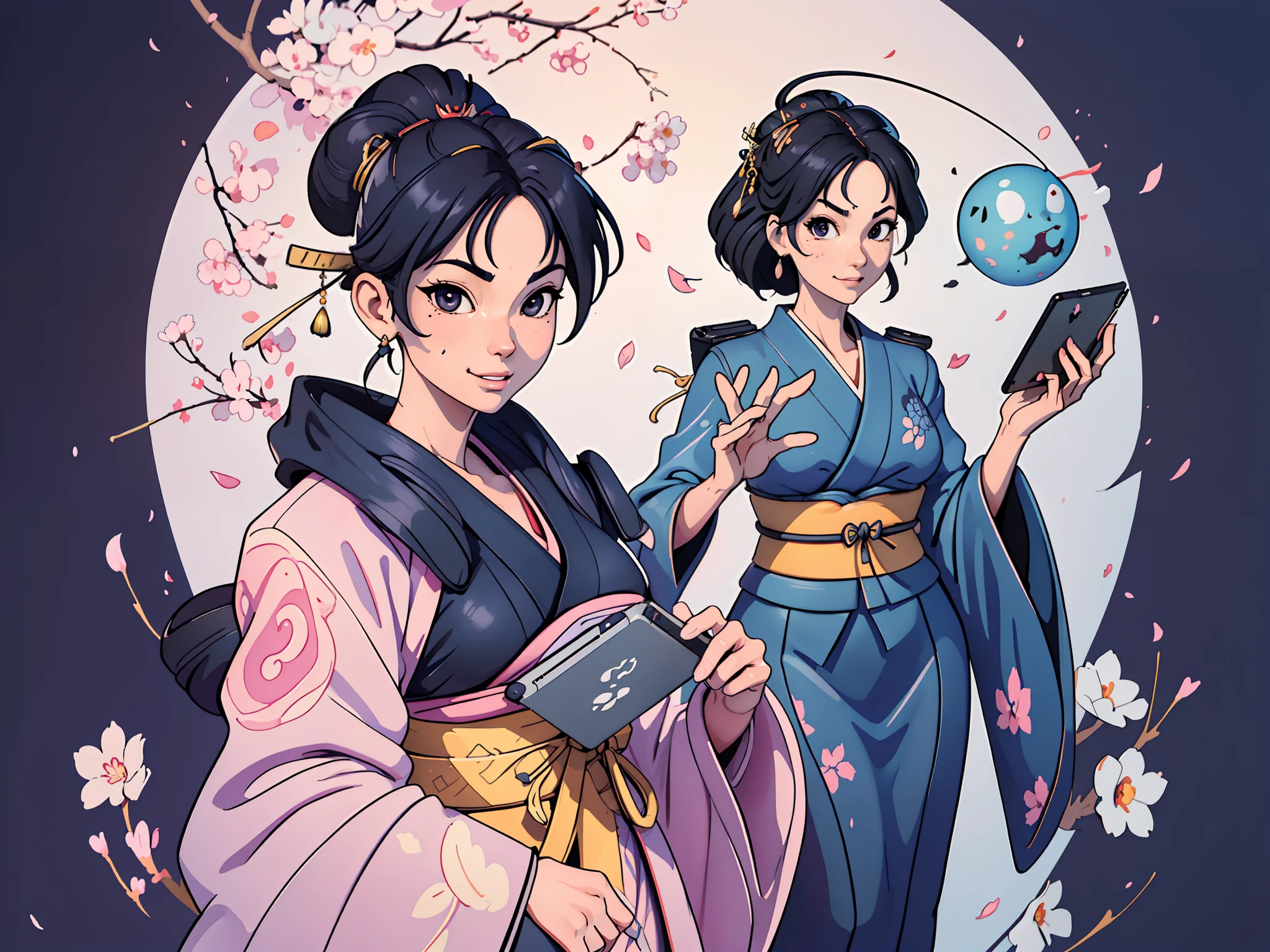(Masterpiece), (Excellent), (Super Meticulous), (Full Body: 1.2), Super Beautiful Woman, Japanese Female in stunning kimono, (Mature face:1.4) Beautiful, Sakura leaves pattern, Sexy, Bursting, Oriental Face, TV Anchor, Bust Portrait Illustration, Alone, Black Suit, Blue Tie, Slightly Chubby Face, Very Clean Face, No Beard, Black Super Short Hair, Black Eyes, Confident Smile, 3c Computer Sub-Products, iPad, iPhone, Digital Painting, 3D Character Design by Mark Clairen and Pixar and Hayao Miyazaki and Akira Toriyama, The illustration is a high-definition illustration in 4K resolution with very detailed facial features and cartoon-style visuals.