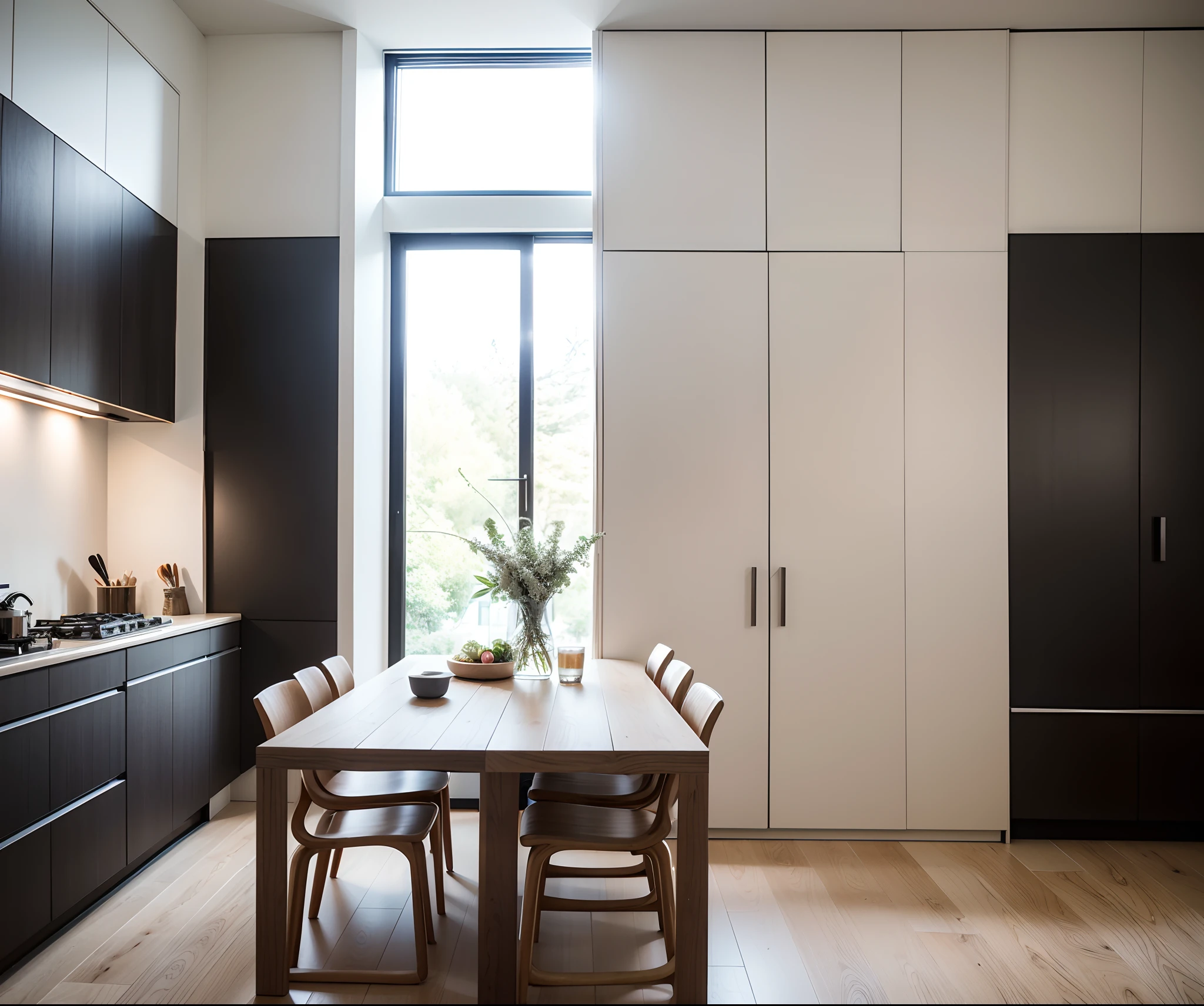 RAW photo, A modern wardrobe,An open cabinet door, (highdetailskin:1.2), 8K UHD, Digital SLR, Soft lighting, High quality, filmgrain, Fujifilm XT3, High quality texture, No Man, a large living room, Kitchen, dining room,