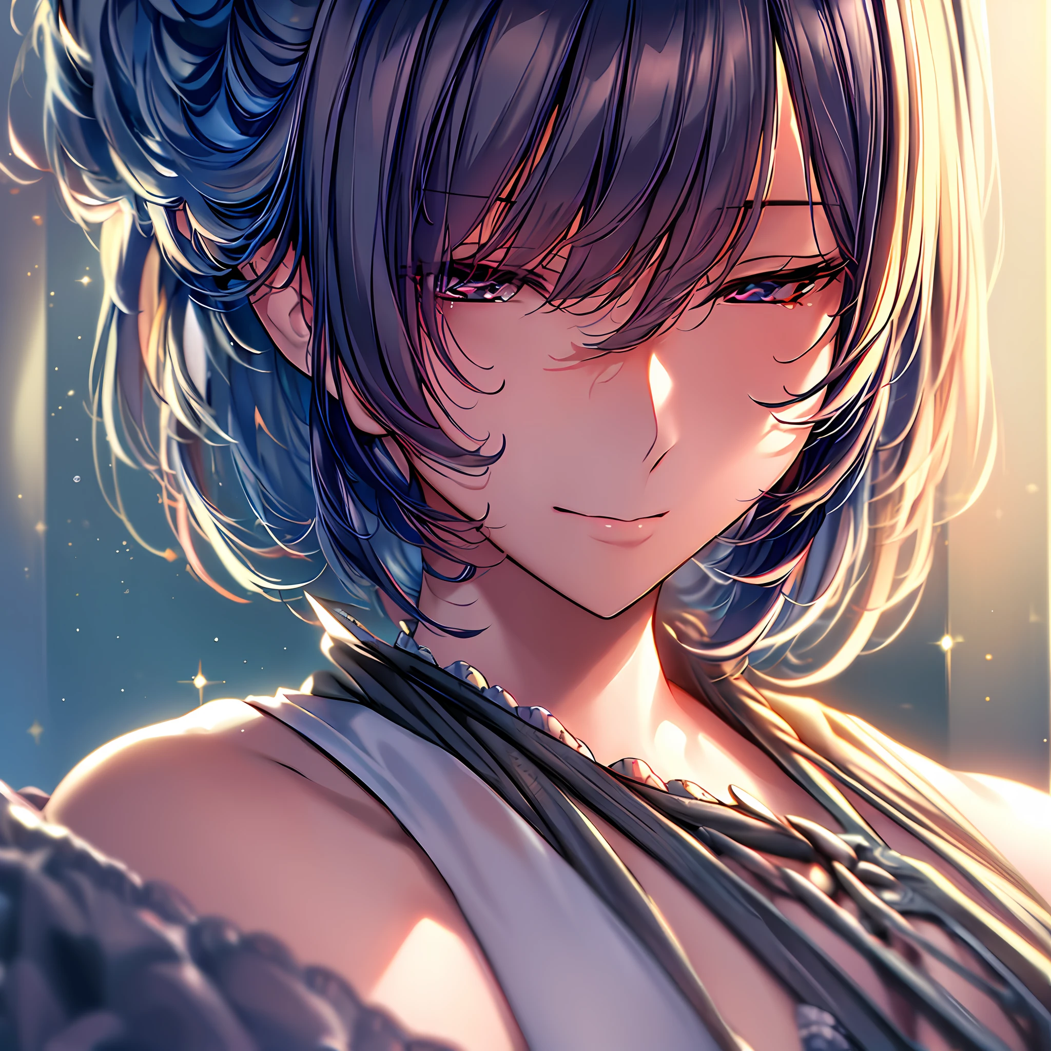 (extremely detailed 8k wallpaper)+,mesy hair,holding her head in with a satisfied face,1girl,solo, Intricate, High Detail, dramatic, best quality masterpiece, photorealistic, detailed, 8k, HDR, backlighting, bloom, light sparkles, chromatic aberration, sharp focus, highest quality digital art, Stunning art