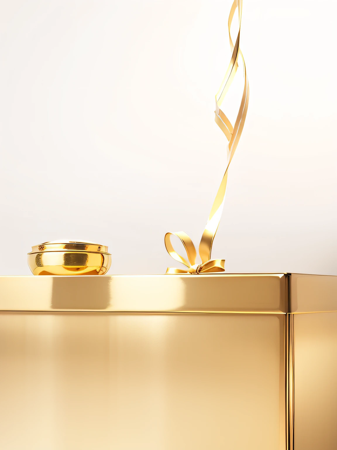 On the white table top looks up at an open gold gift box without a lid,There are golden ribbons floating around,High quality sense,photorealestic,the detail,4K,Look up,White gold-rimmed wall on background,Open the gold gift box,The gold gift box does not have a lid