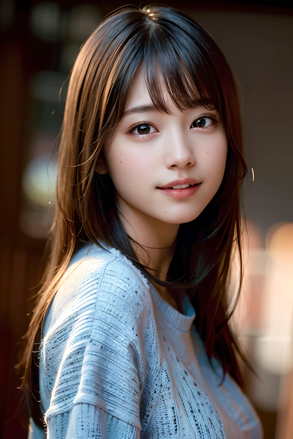 (8k, RAW photo, best quality, masterpiece:1.2), (realistic, photo-realistic:1.37), ultra-detailed, ultra high res,1 girl,looking at viewer,beautiful detailed face,smile,narrow,(slim waist:1.3),shirt, beautiful detailed skin, skin texture, floating hair,professional lighting,