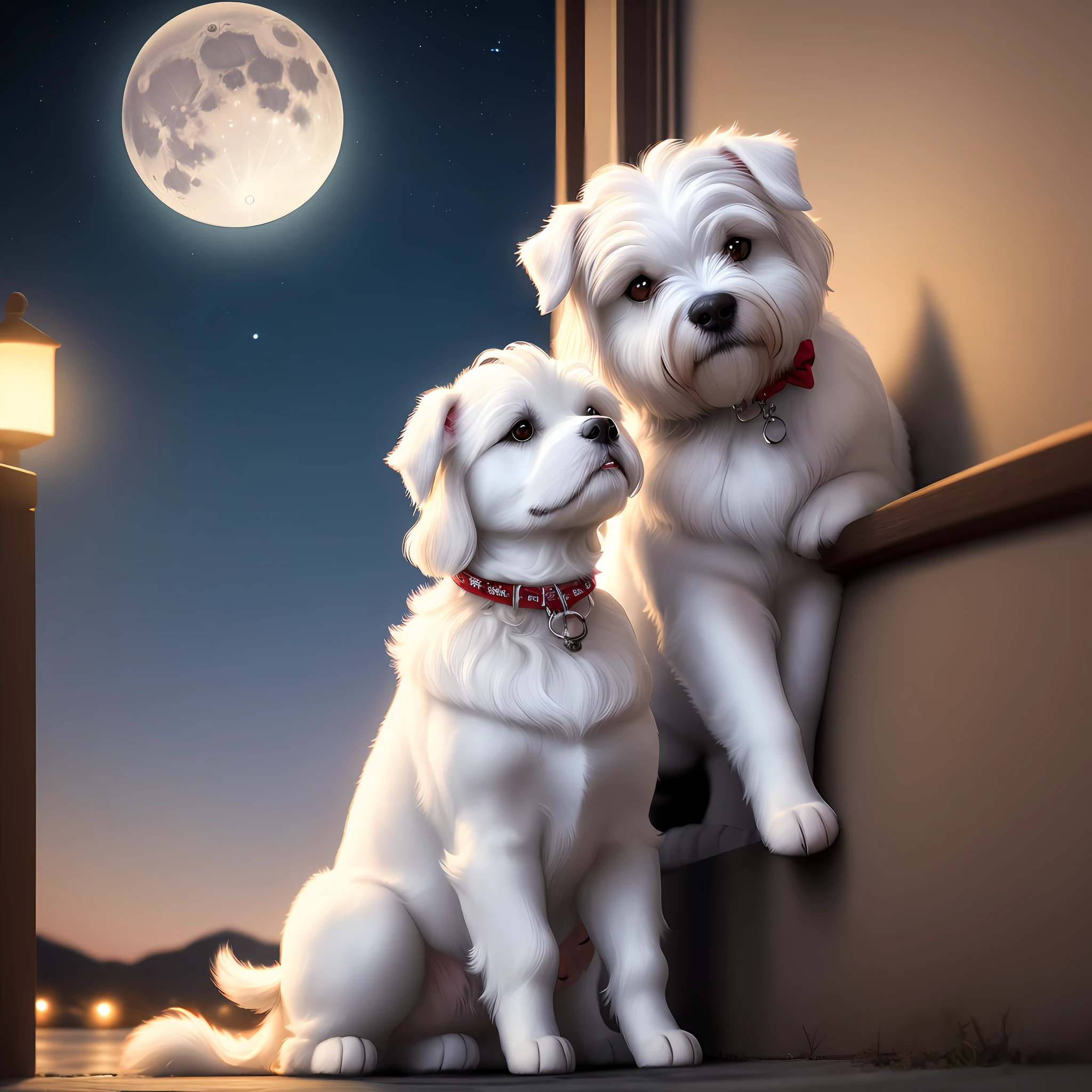 Realistic photo of white Maltese dog admiring the moon at night