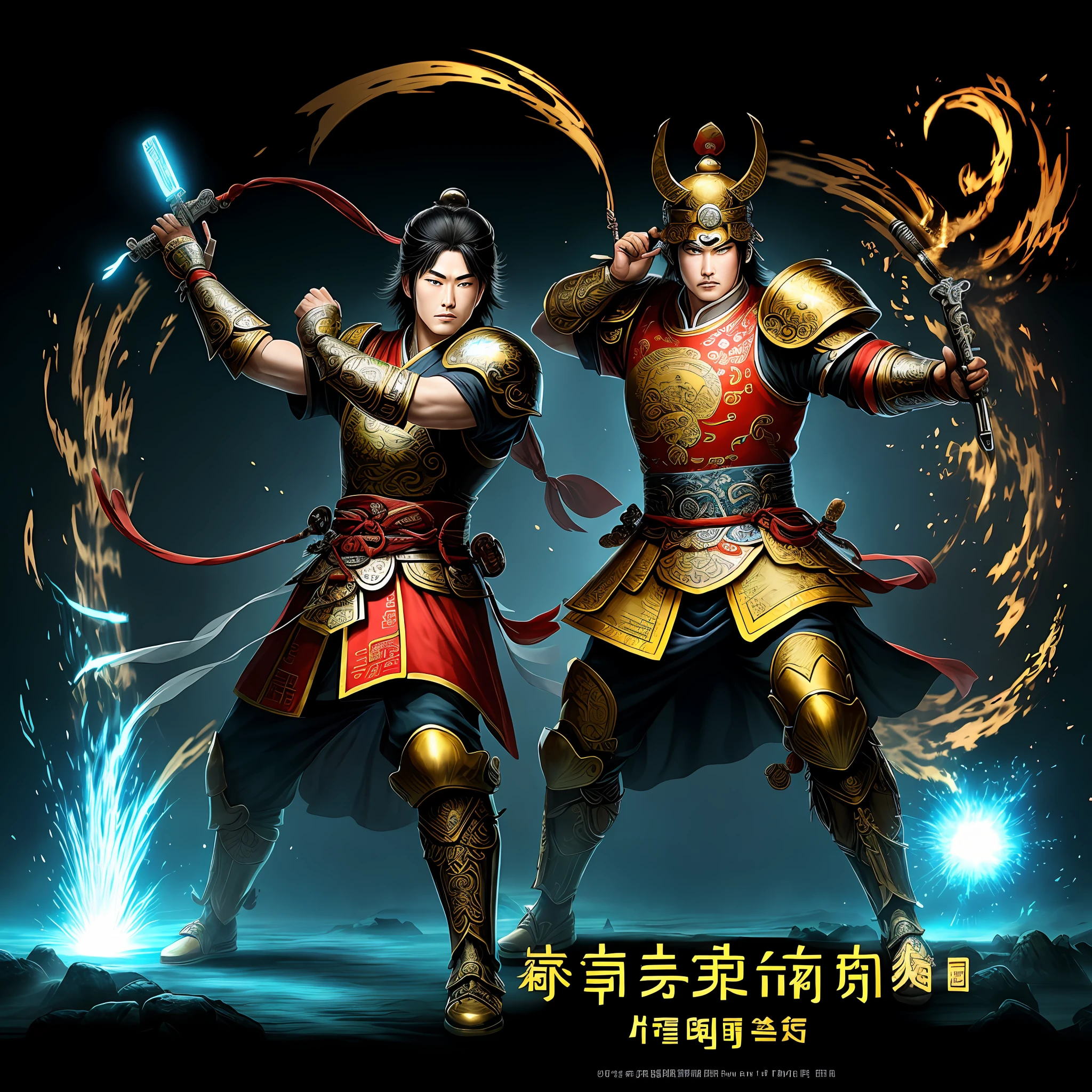 ancient Chinese style mythology，Erlang God Yang Jian，Wearing armor，Take a two-edged three-pointed gun，Stand up，Raise the gun in your right hand and chop
