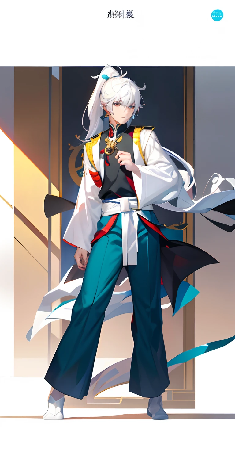 Handsome man(Photo fidelity: 1), (Side lighting, exquisite and beautiful eyes: 1.2),Anime face, Shining eyes, shinny hair, shiny skins，Heroism, White robe, Snow-white haired boy with a youthful sense all over his body, handsome Miaojiang teenager, black cloth shoes, Miao wide sleeves, large scattered strung silver ornaments on his neck, white hair, high ponytail, green eyes, blue pants, overall red clothing, earrings on the right ear, the overall youthful feeling