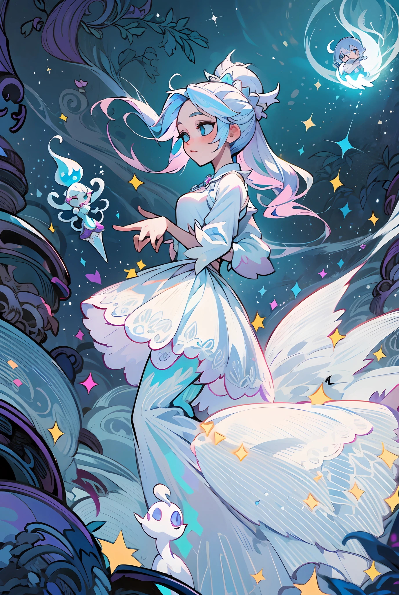 Una mujer con un vestido blanco sentada en una bola de discoteca, ethereal fairy tale, vestido blanco!! de cabello plateado, Peinado blanco de corte hime, Fairycore, Hanfu blanco, Cabello blanco flotando en el aire, portrait of magical ta girl, Ethereal fantasy, Cabello largo y blanco y flequillo, Deidad de pelo blanco, Pale Young Ghost Girl, Ropa de bruja astral, style of magical girl