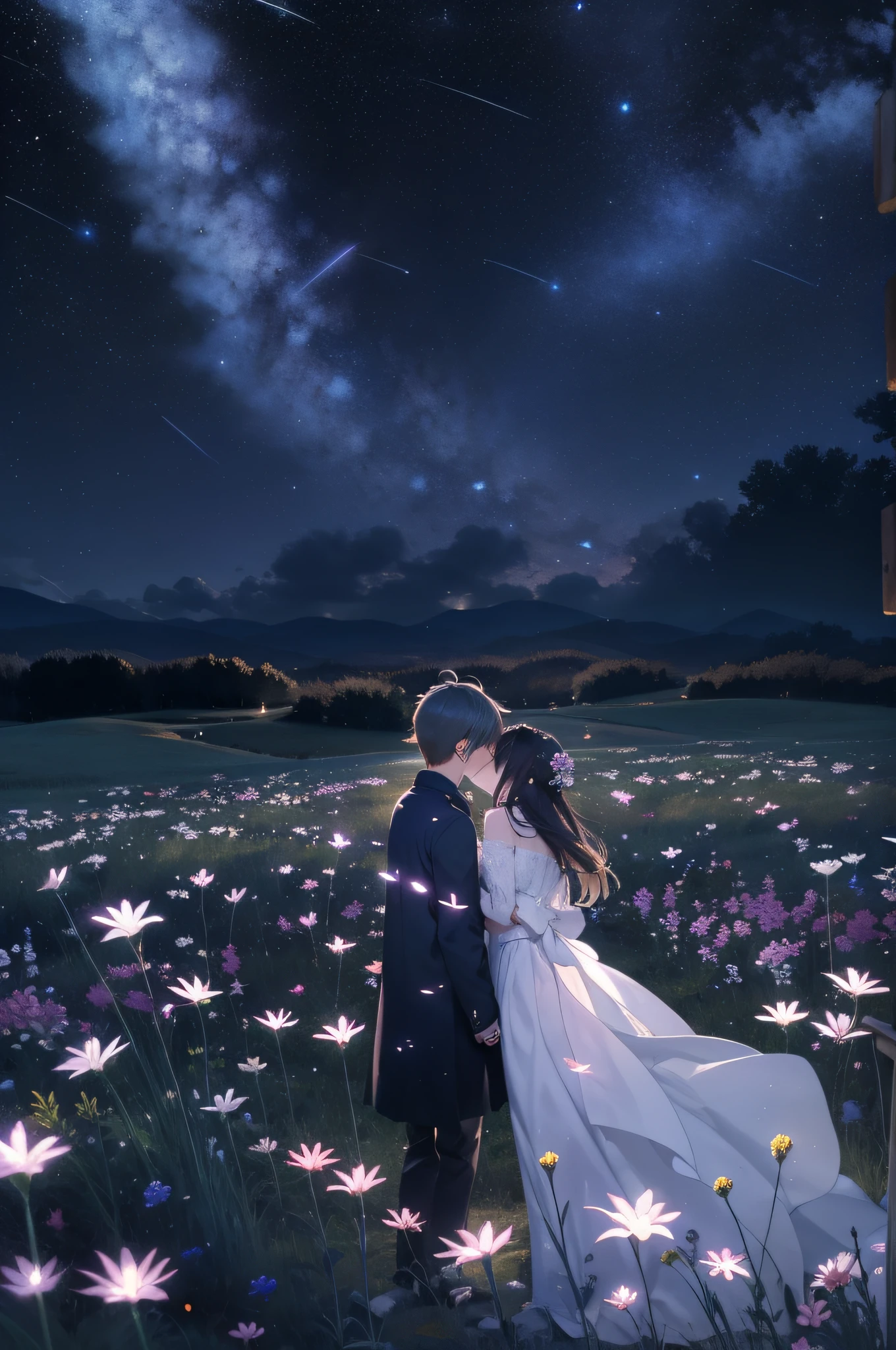 She and he lie face up in a field full of flowers on the plateau and look up at the night sky.、Perhaps because it is cold, their breath looks pale white.、The light source is a star in the night sky々Light only、She suddenly turns to him and blushes、A shooting star has now flowed in the night sky that can be seen from the position of their heads.、The area is pitch dark、In the darkness、Masterpiece、realisitic