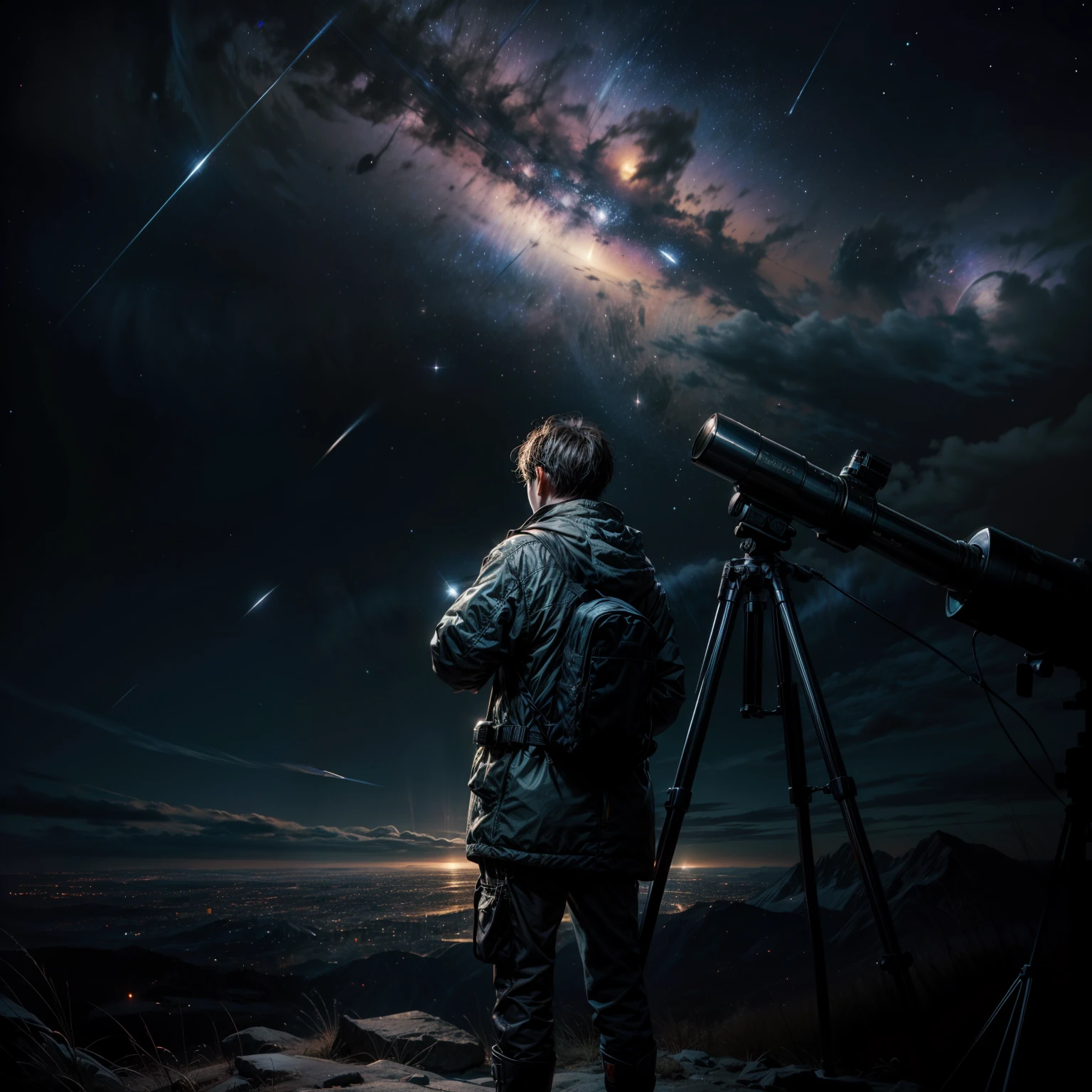 The darkness of night has settled, and countless stars twinkle in the sky. An enthusiast has set up a large portable telescope outdoors. He firmly places the telescope on a dedicated tripod, meticulously adjusting its direction. Beside him are a star map, a notebook, and a small lantern.
As he peers through the eyepiece of the telescope, distant stars and planets come into astonishingly clear view. His eyes gleam with excitement, captivated by the wondrous beauty of the universe. In his notebook, he carefully records the names and characteristics of the celestial bodies he observes that night.
The observer is located far from the bright lights of the city, under a pitch-black sky, enveloped in silence. His figure juxtaposes the vastness of space with the tininess of humankind. Yet, his spirit of exploration seems to challenge the mysteries of the stars.