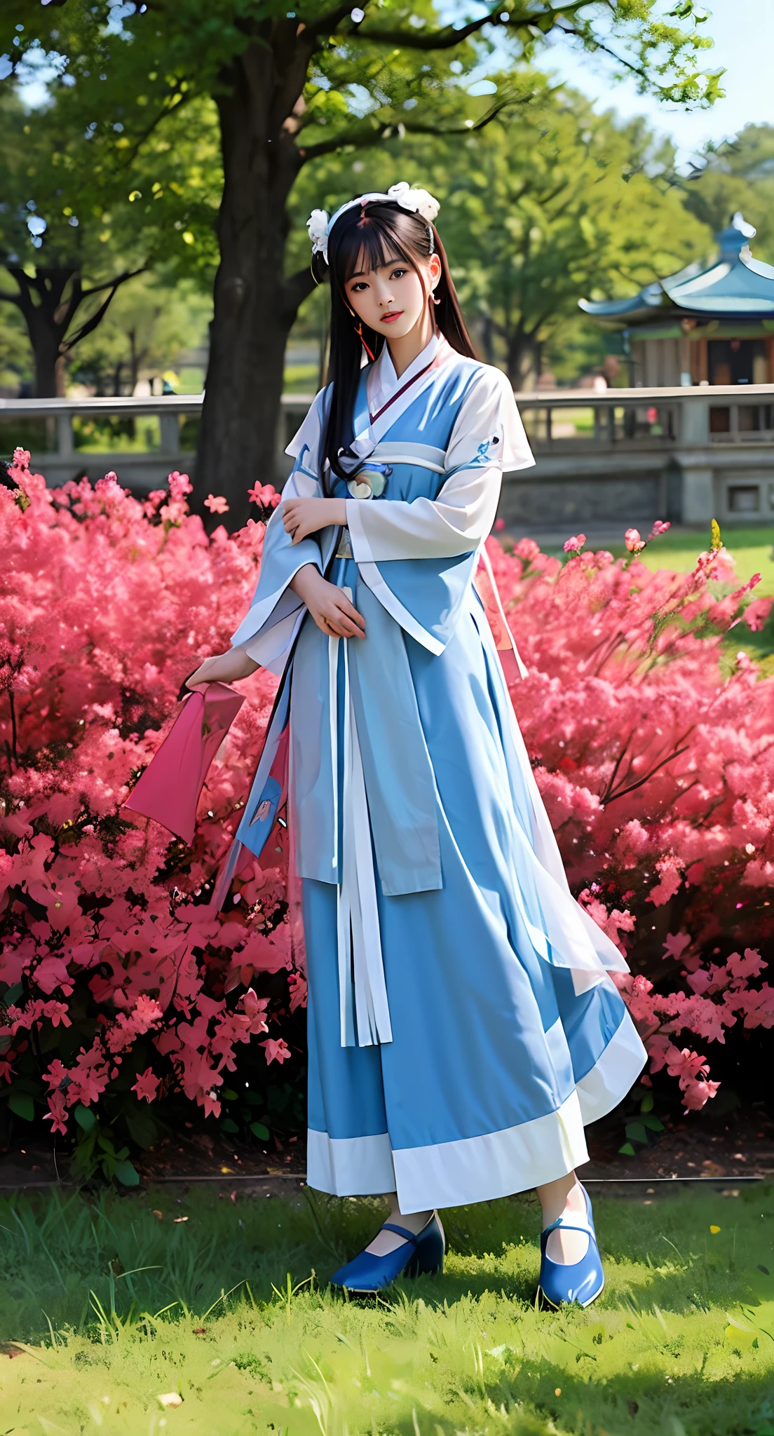 Araki in a blue and white dress stands on the grass, full-body xianxia, Inspired by Lan Ying, Inspired by Qiu Ying, inspired by Du Qiong, inspired by Li Mei-shu, Inspired by Li Tang, inspired by Leng Mei, Palace , A girl in Hanfu, Chinese costume, heise jinyao