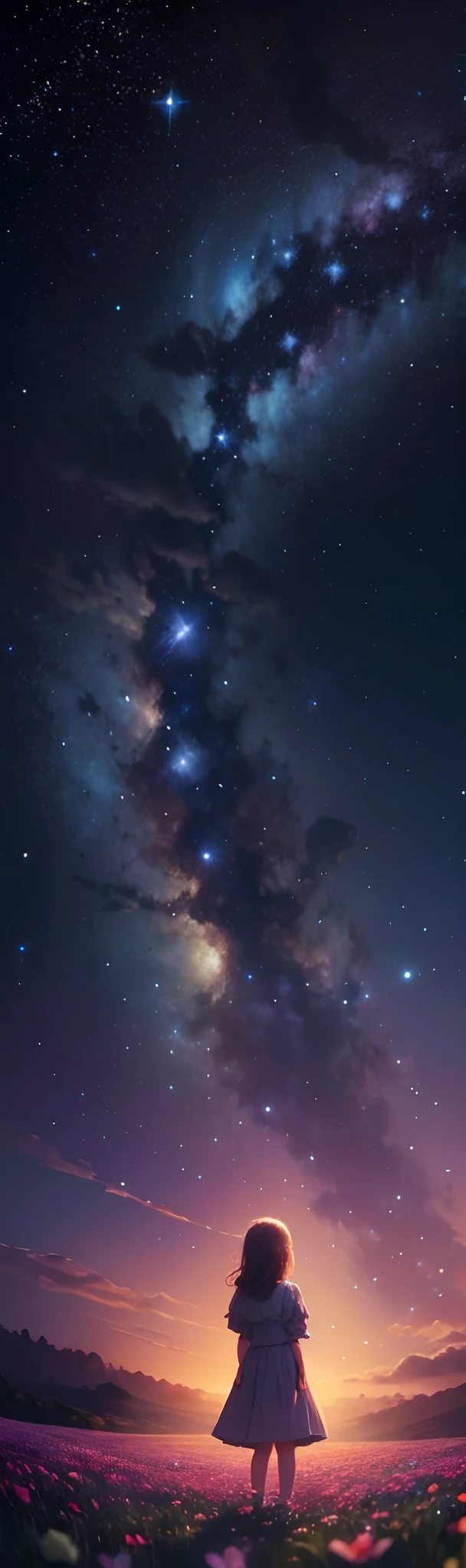 ((masterpiece)), ((best quality)), 8k, high detailed, ultra-detailed,
A little girl standing in a vibrant flower field under the starry sky, gazing up at the twinkling stars, captured from behind,
little girl, starry sky, flower field, looking up, stars, field of flowers, innocence, wonder, beauty, enchanting.