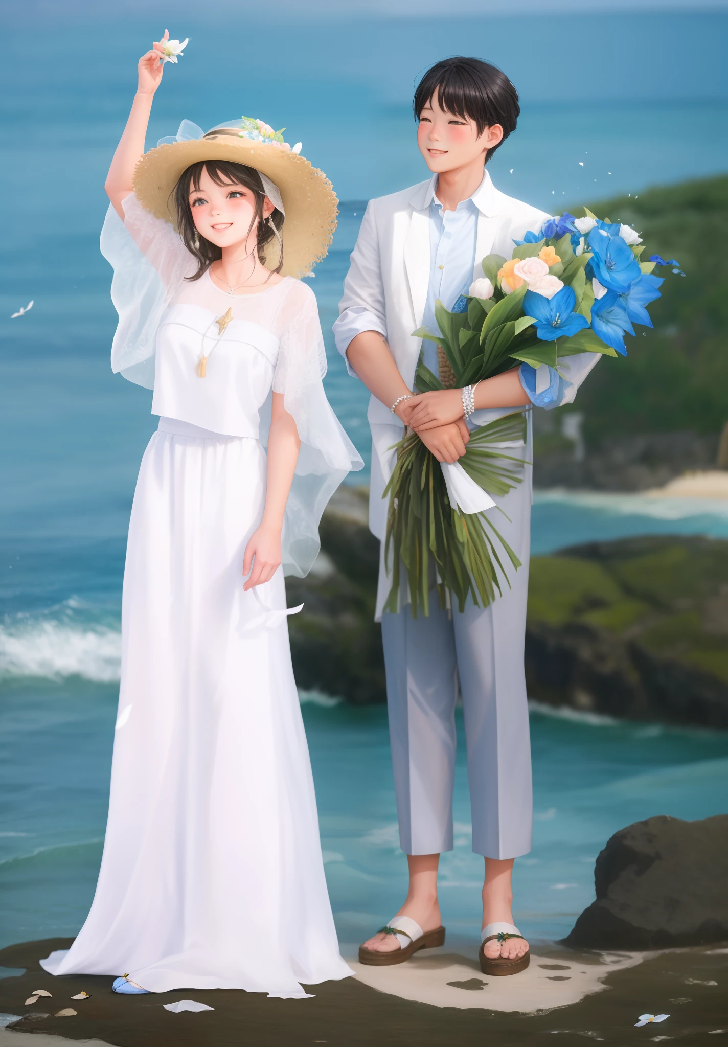 cute female child,Beautiful girl,Hands up,With a straw hat,A handsome boy holding a flower,They stand on the seaside stones and take wedding photos,beachside,wedding photo,Blue waters,Blue sky,