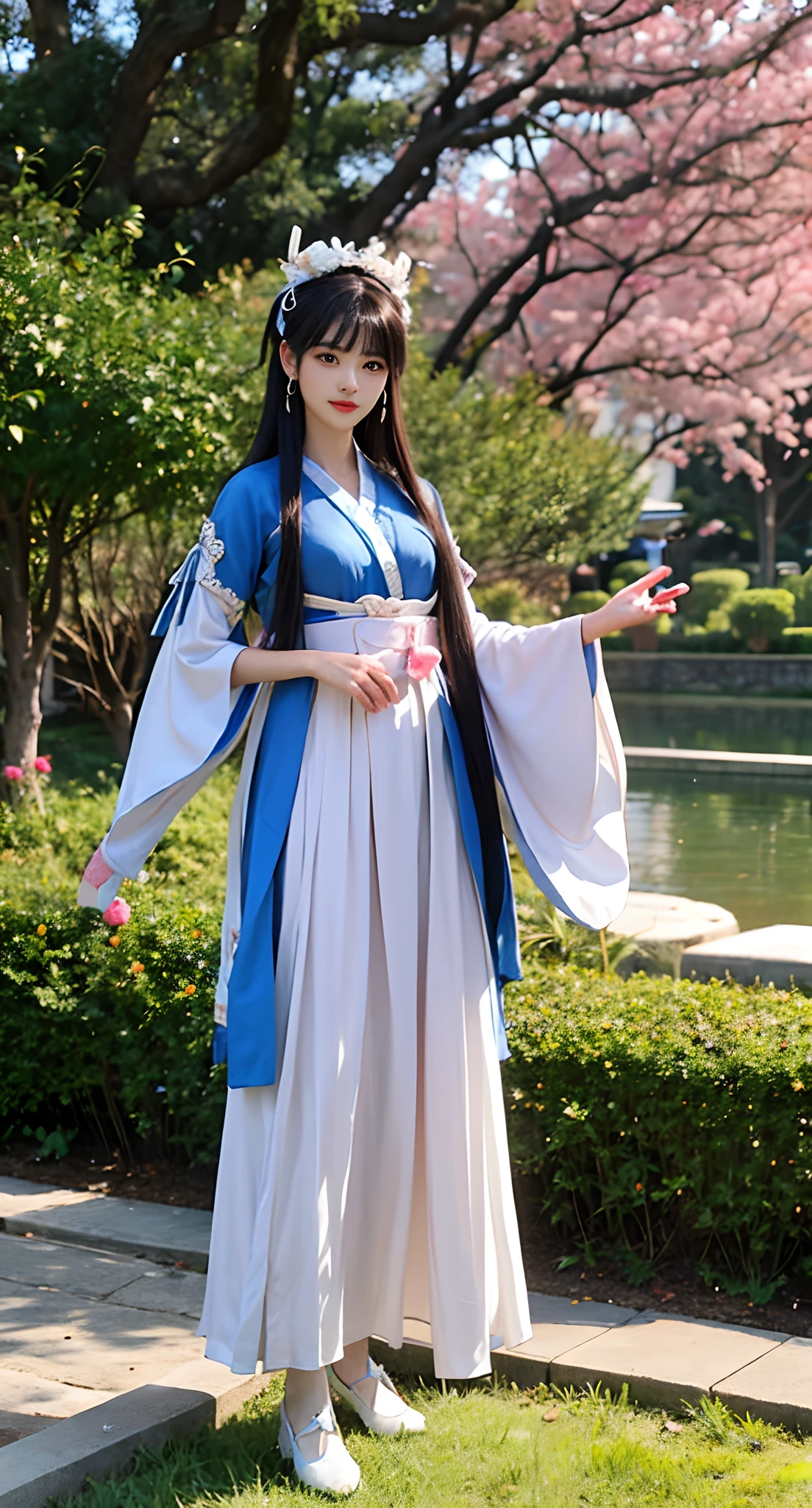 (masterpiece:1.4), 4K8K, (anime style), (high shutterspeed:1.1), (sharp edges),
jyojifuku, hair ornament, skirt, see-through, flower,
woman standing,
dark blue hair, hair bun, medium breasts,
