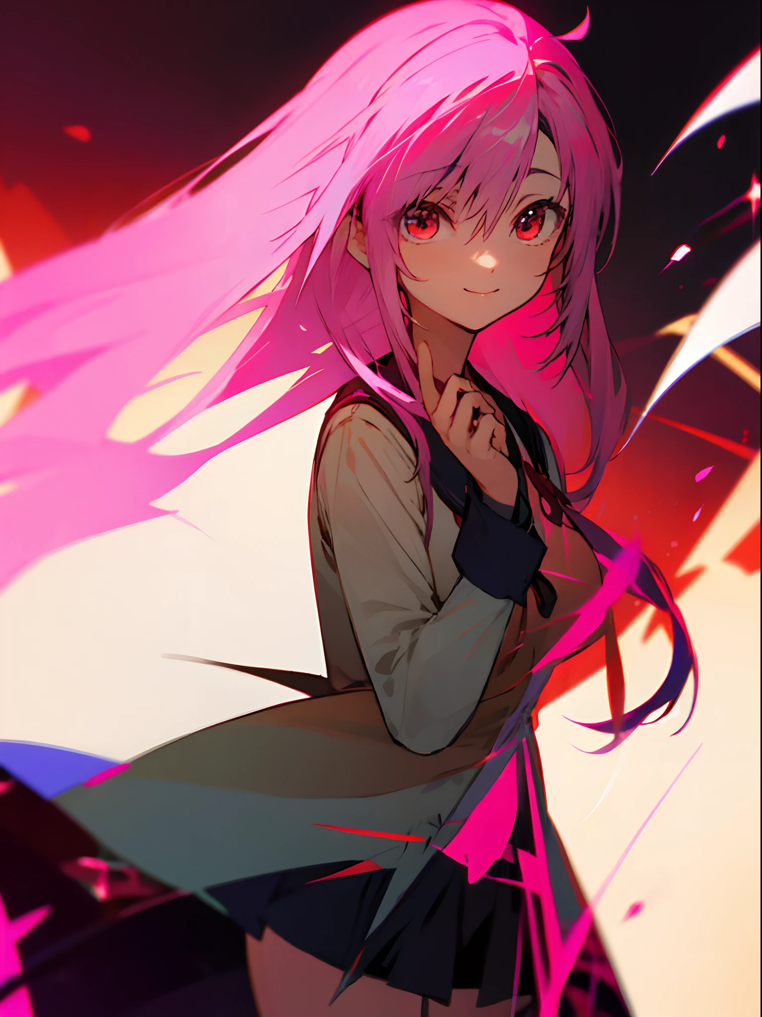 Kizi，long whitr hair，A pink-haired，red color eyes，School uniform skirt，ssmile。