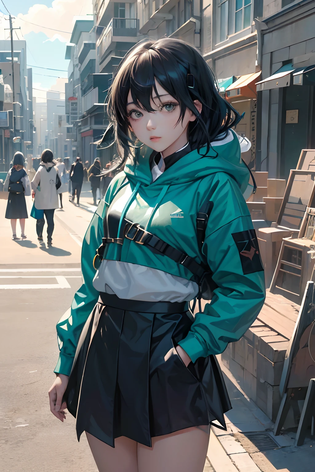 Girl in teal hood、NFT art、marks、pop inspo、mirai、Black hair、Black eyes、stamp、Keekinuku、unbalanced、mistic,the lora,1girll,streetview,long skirt