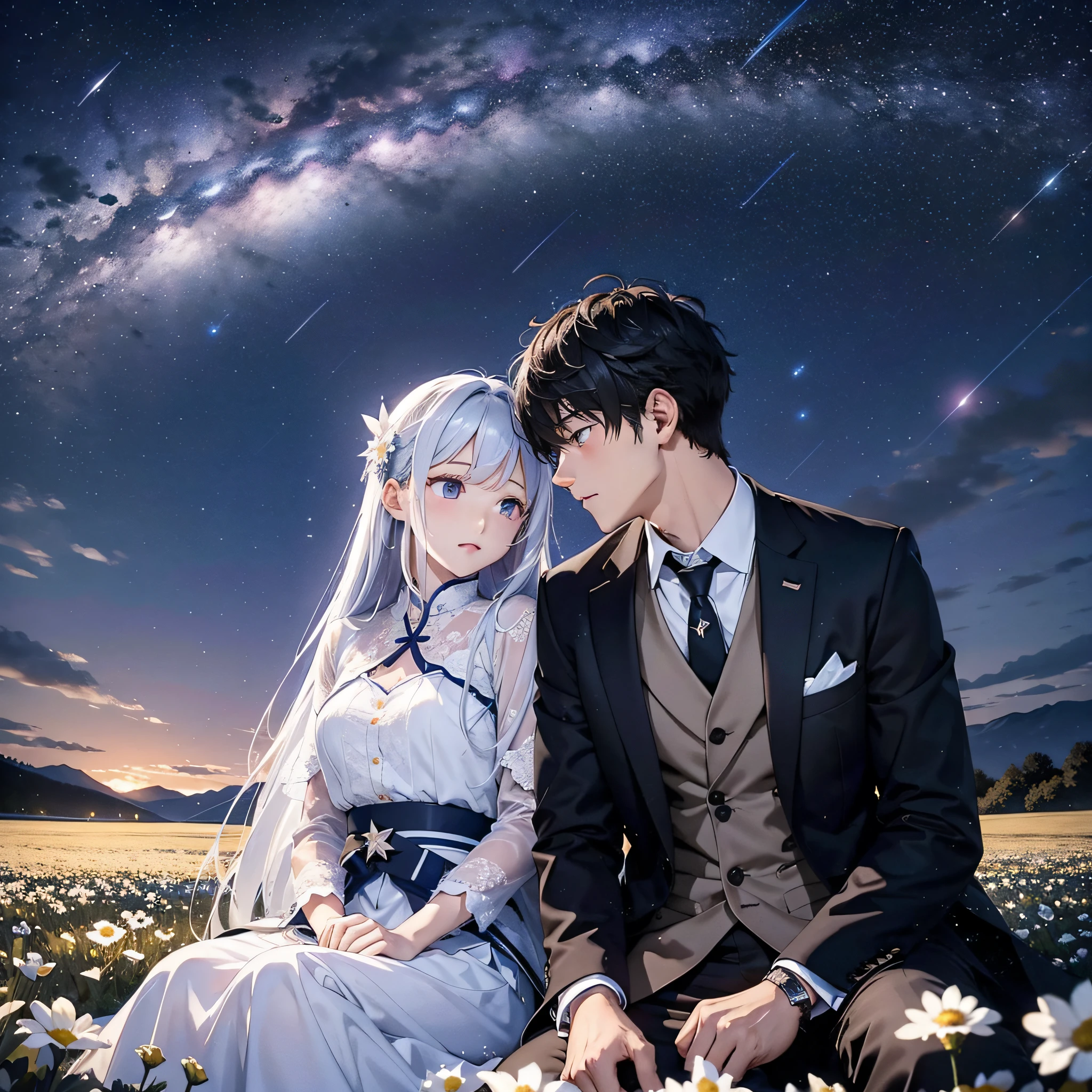 She and his couple sit side by side in a field full of flowers on the plateau and look up at the night sky、Perhaps because it is cold, their breath looks pale white.、The light source is a star in the night sky々Light only、She is seen turning her face to him、Make a picture mainly of the night sky from a little distance behind the two、A shooting star has now flowed in the night sky、The area is pitch dark、In the darkness、Masterpiece、realisitic