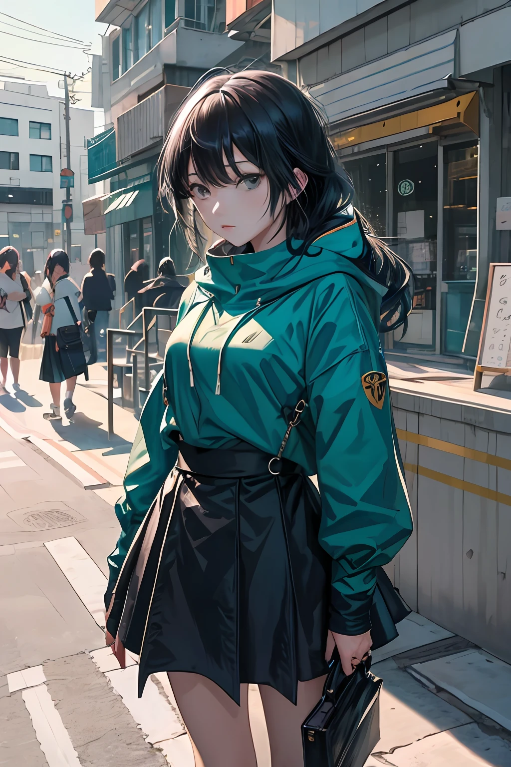 Girl in teal hood、NFT art、marks、pop inspo、mirai、Black hair、Black eyes、stamp、Keekinuku、unbalanced、mistic，the lora，1girll，streetview，long  skirt