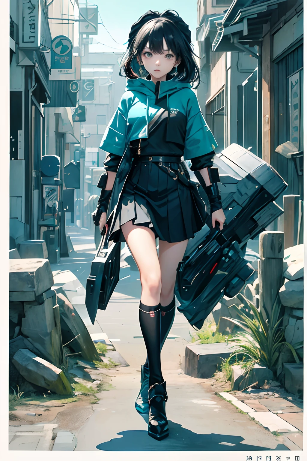 Girl in teal hood、NFT art、marks、pop inspo、mirai、Black hair、Black eyes、stamp、Keekinuku、unbalanced、mistic，the lora，1girll，streetview，long  skirt