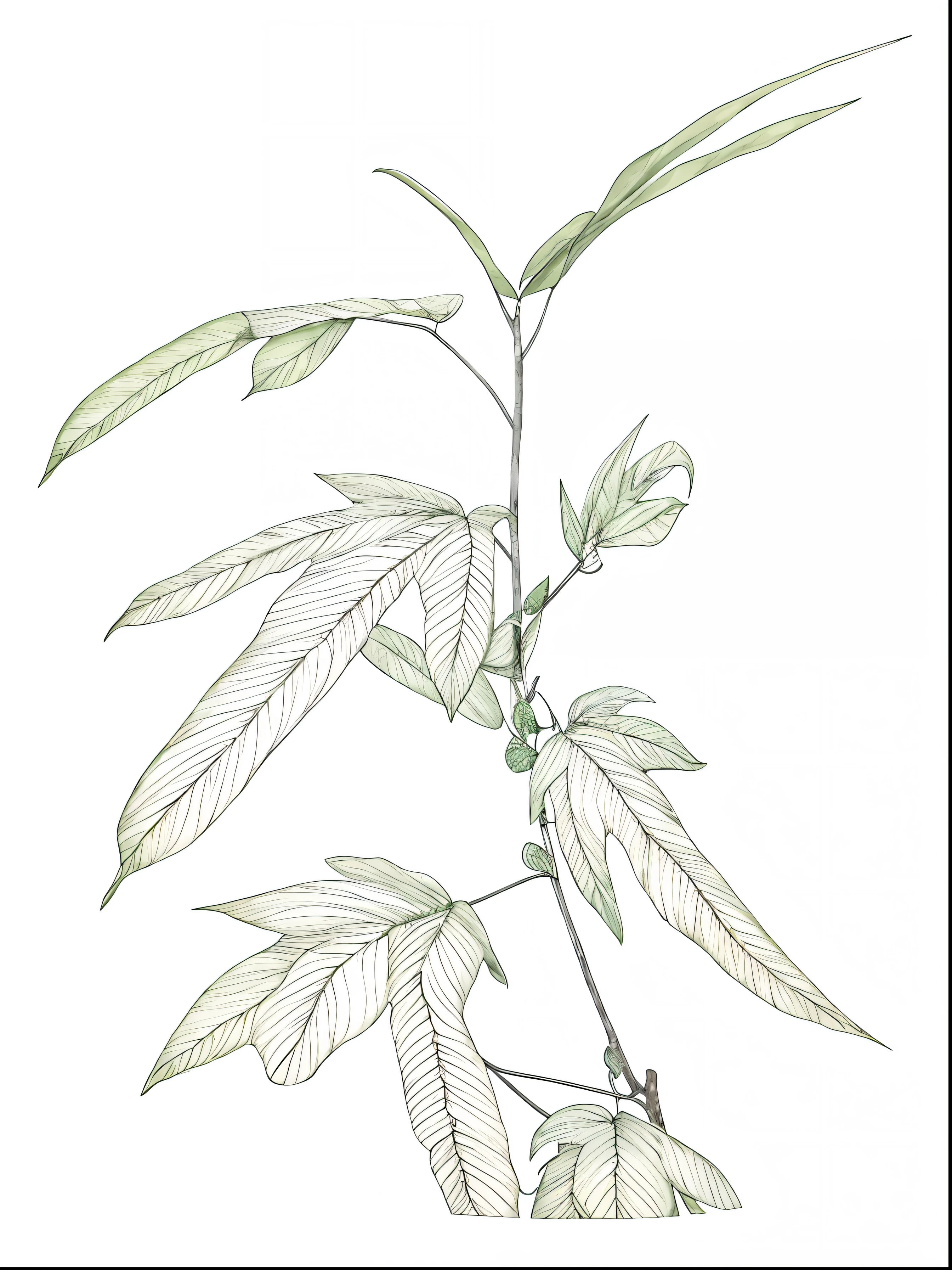 Close-up of thick-leaved plant line drawing of banyan tree,The leaves are palm-shaped,White background,Mono Color,Line drawings,tmasterpiece,Need